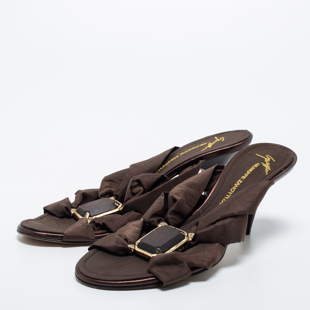 

Giuseppe Zanotti Dark Brown Fabric Jewel Embellished Slide Sandals Size