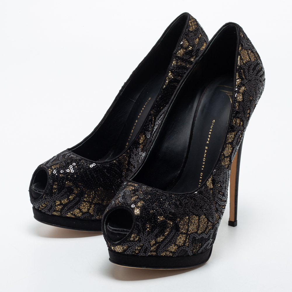 

Giuseppe Zanotti Black Sequin Peep Toe Platform Pumps Size