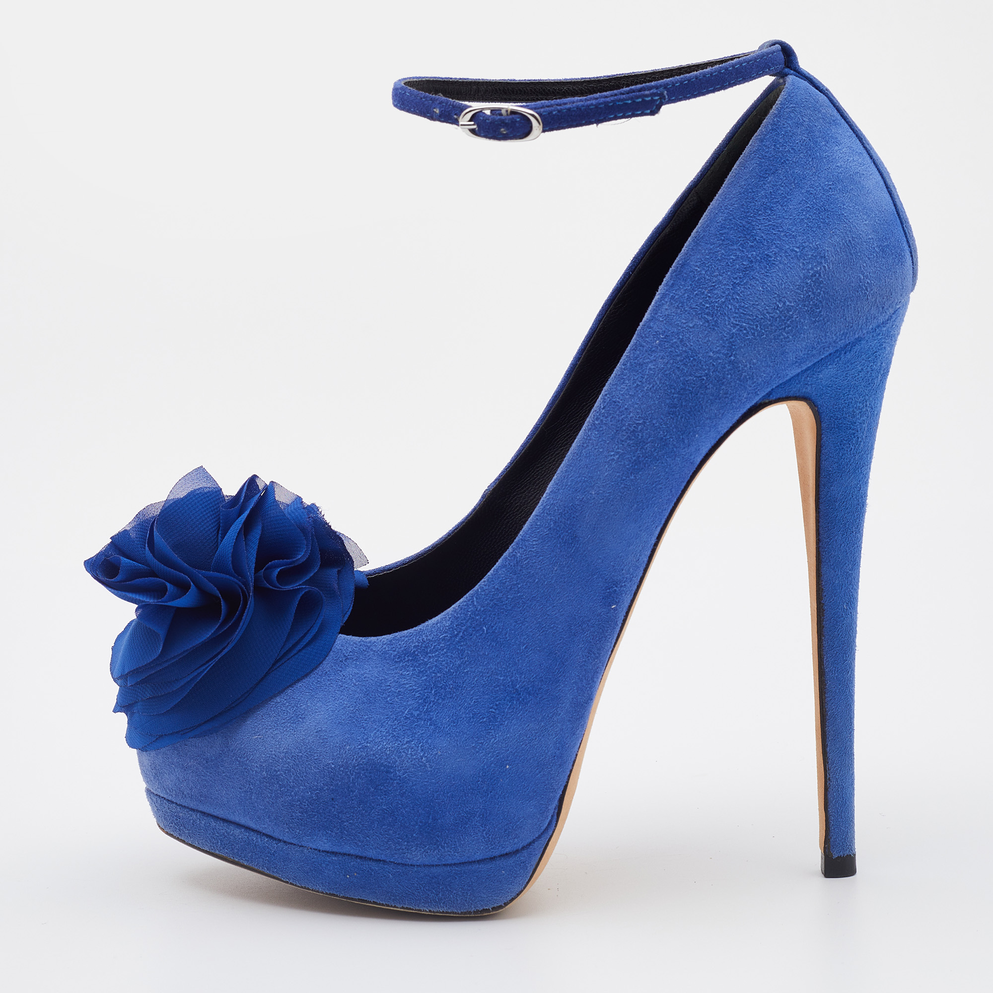

Giuseppe Zanotti Blue Suede Flower Applique Peep Toe Platform Ankle Strap Pumps Size