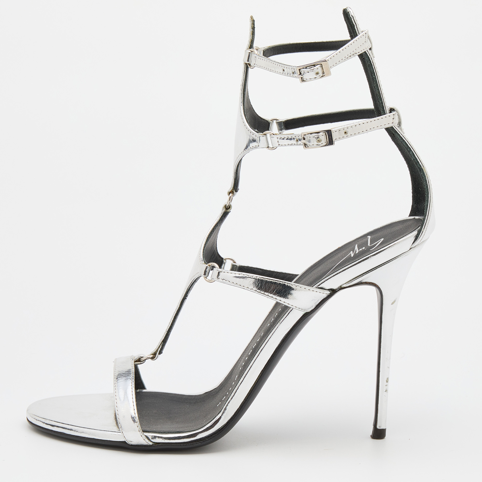 Pre-owned Giuseppe Zanotti Silver Patent Leather Strappy Gladiator Sandals Size 37.5 In Metallic