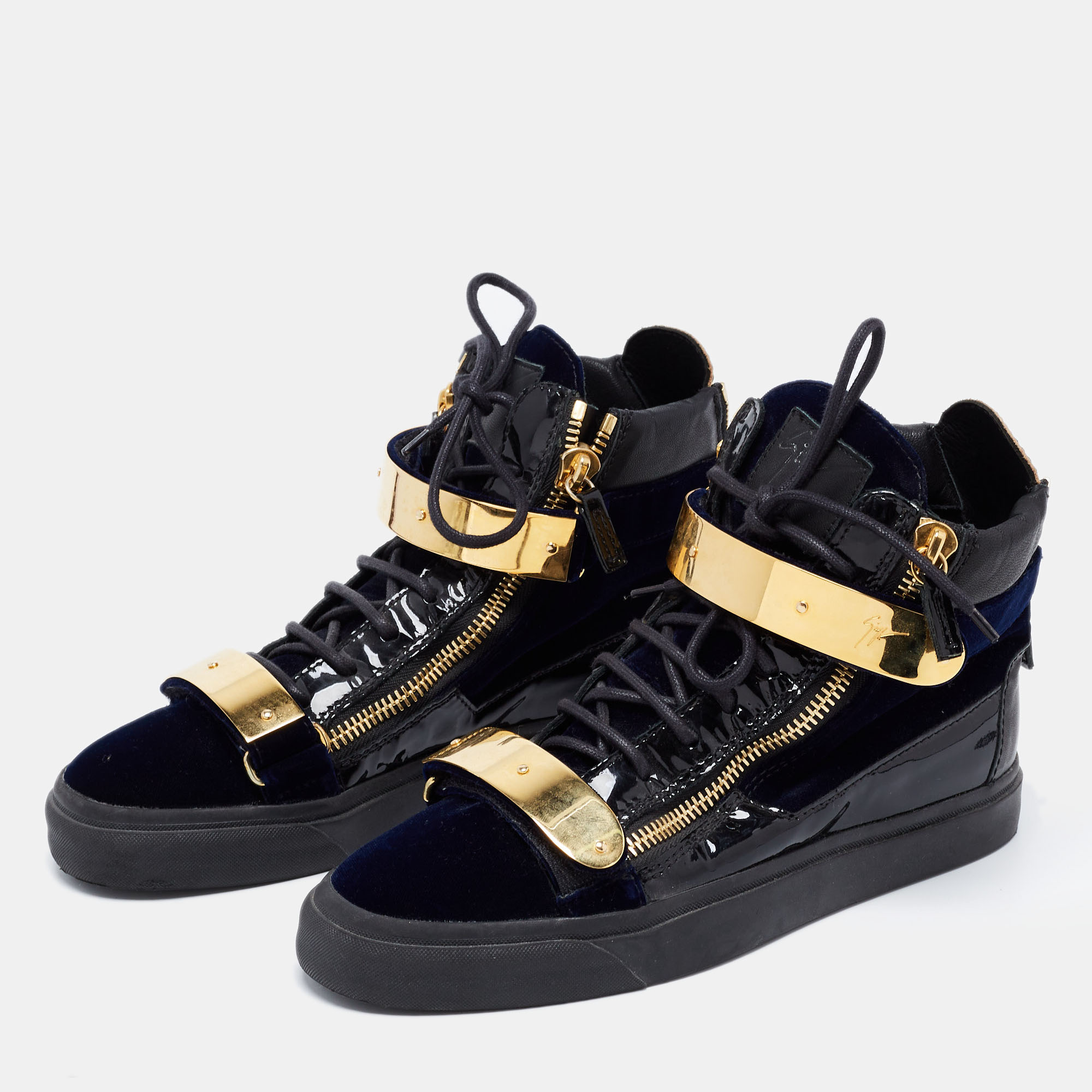 

Giuseppe Zanotti Navy Blue/Black Velvet, Patent and Leather Coby High Top Sneakers Size