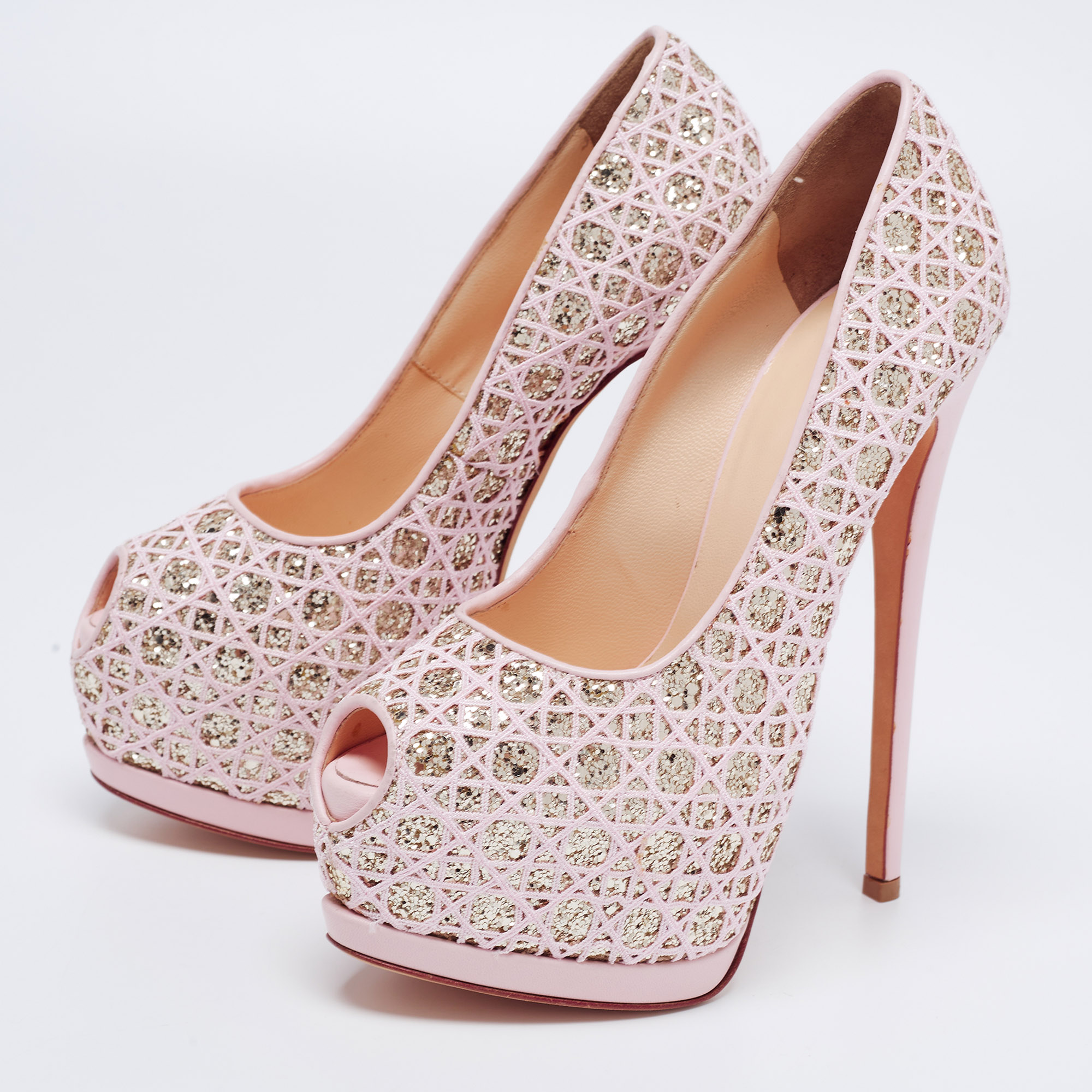 

Giuseppe Zanotti Pink Lace and Glitter Peep Toe Platform Pumps Size