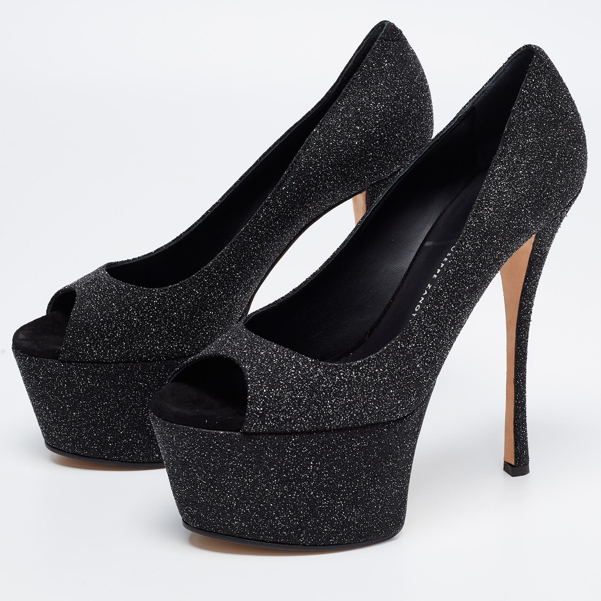 

Giuseppe Zanotti Black Glitter Platform Peeptoe Pumps Size