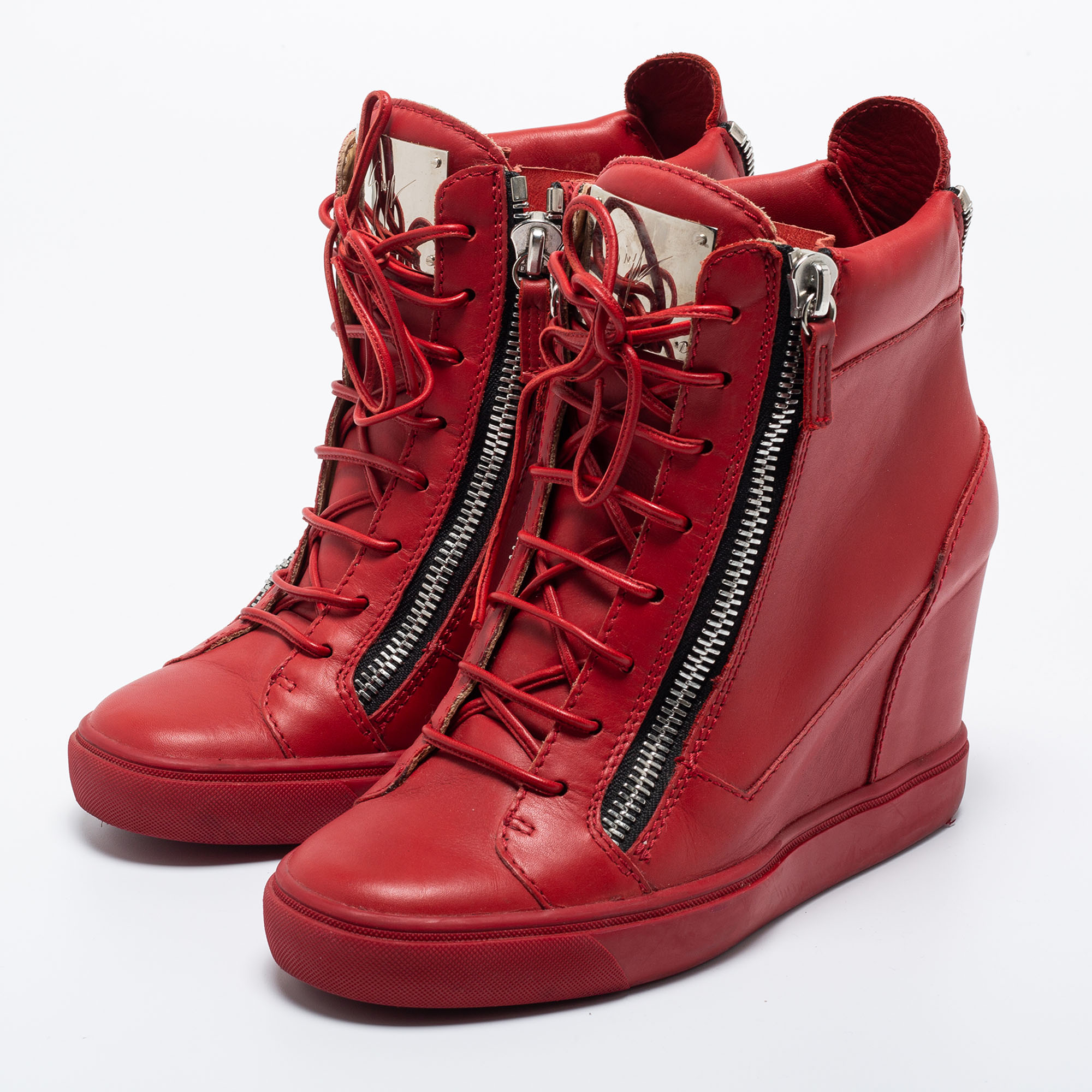 

Giuseppe Zanotti Red Leather High Top Wedge Sneakers Size