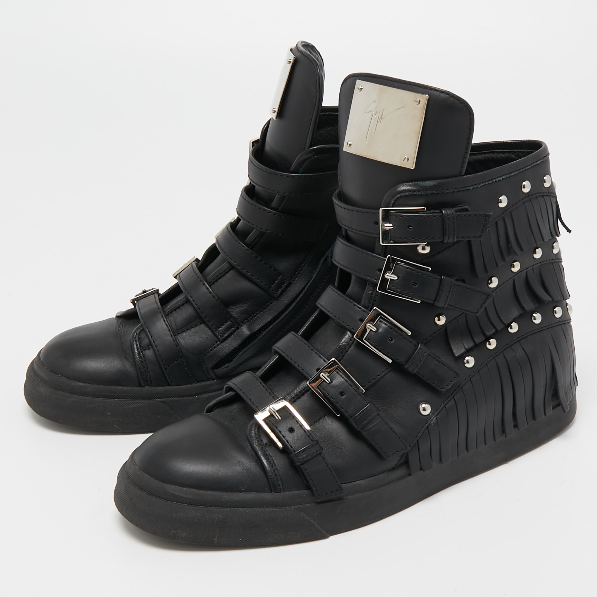 

Giuseppe Zanotti Black Leather Buckle and Studded Fringe Detail High Top Sneakers Size