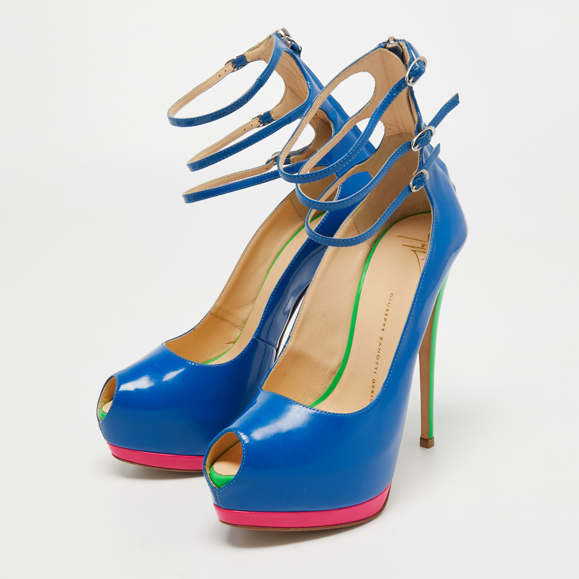 

Giuseppe Zanotti Blue Patent Leather Peep Toe Platform Triple Ankle Strap Pumps Size