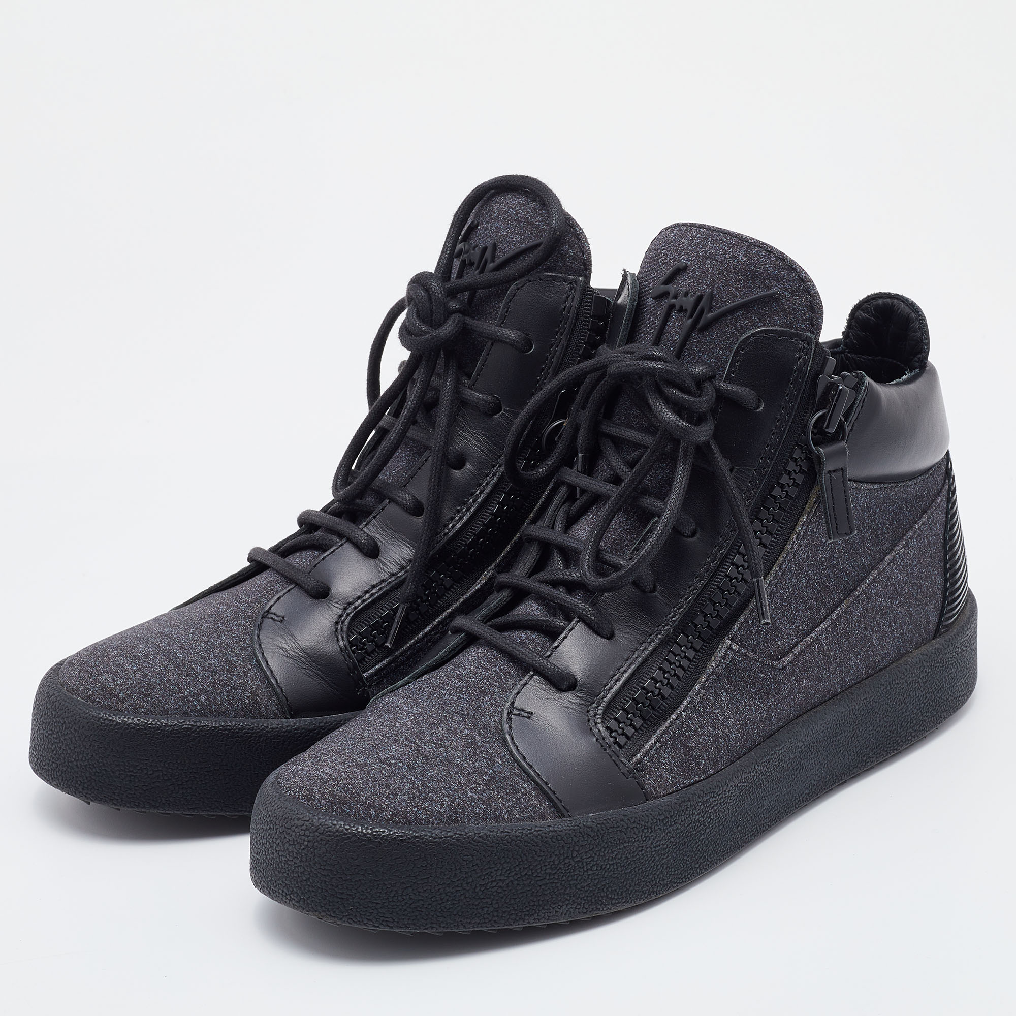 

Giuseppe Zanotti Black/Grey Fabric and Leather Kriss High Top Sneakers Size