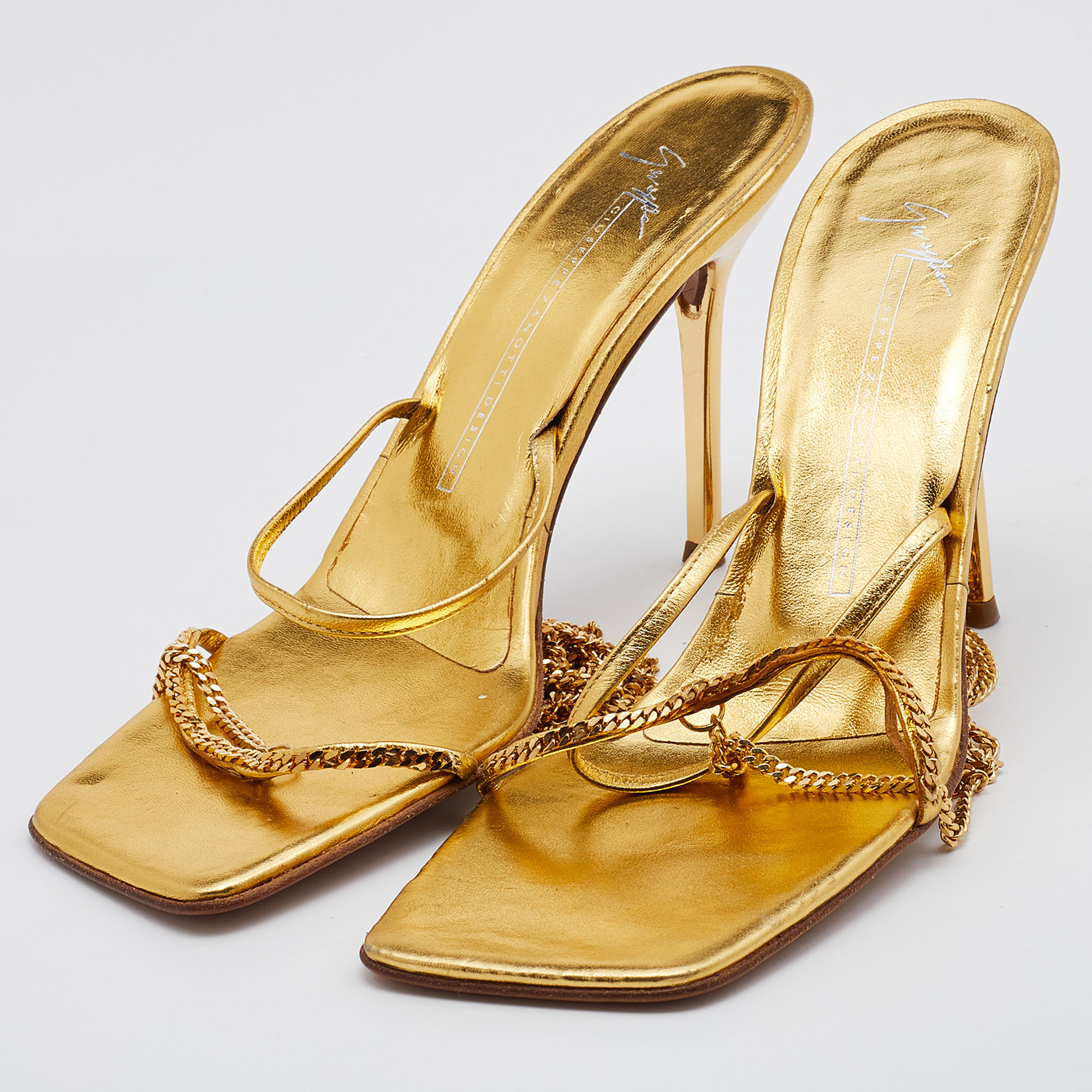 

Giuseppe Zanotti Metallic Gold Leather and Chain Link Ankle Strap Sandals Size