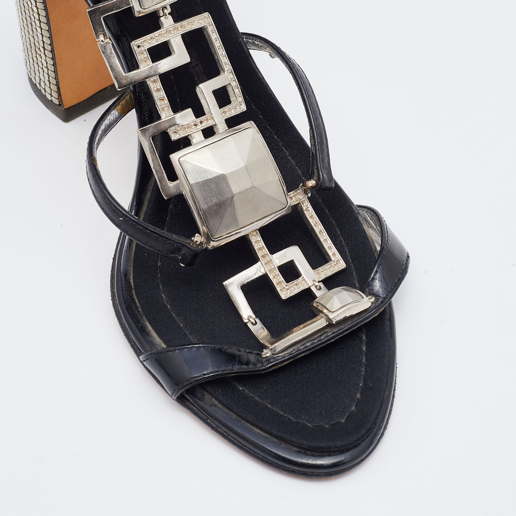 Giuseppe Zanotti Black Patent Leather Block Heel Ankle Strap Sandals Size 37 