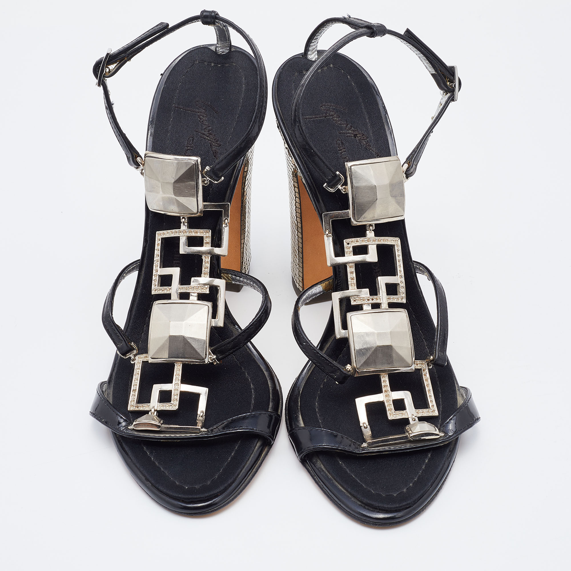 Giuseppe Zanotti Black Patent Leather Block Heel Ankle Strap Sandals Size 37 