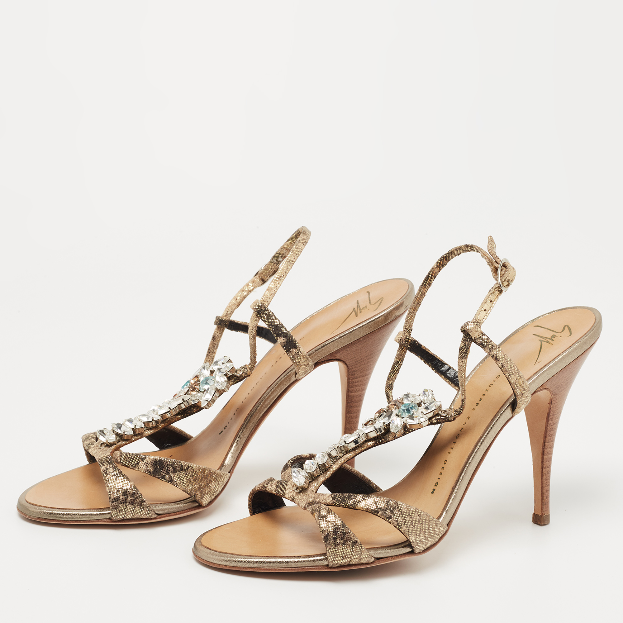 

Giuseppe Zanotti Gold Textured Suede Crystal Embellished Ankle Strap Sandals Size