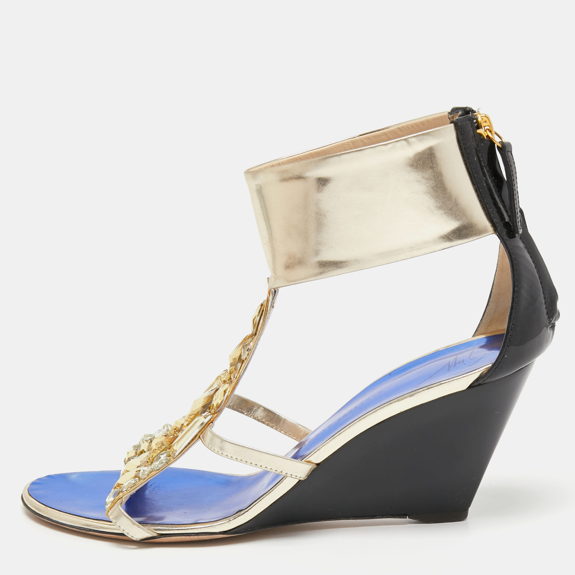 Pre-owned Giuseppe Zanotti Black/gold Patent And Leather Crystal Embellished Wedge Sandals Size 40