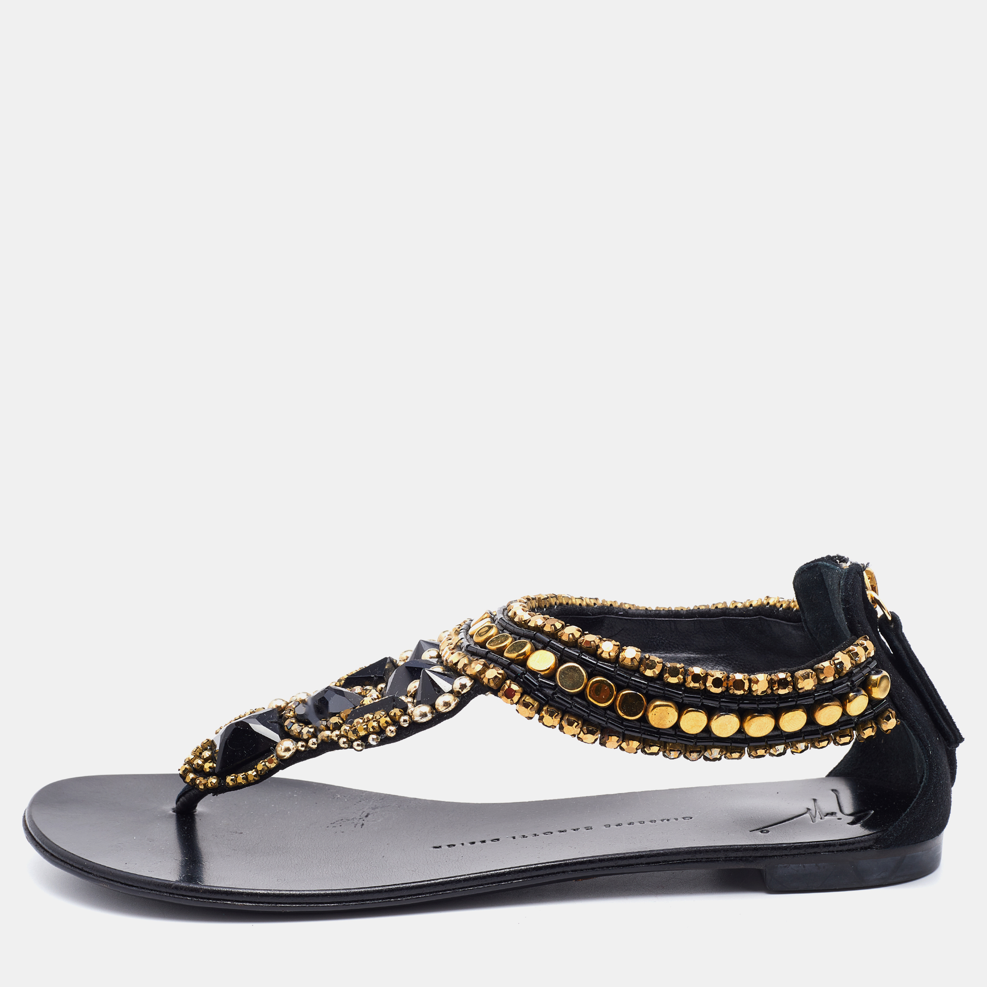 Pre Owned Giuseppe Zanotti Black Suede Crystal Embellished Thong Flats Size 38.5