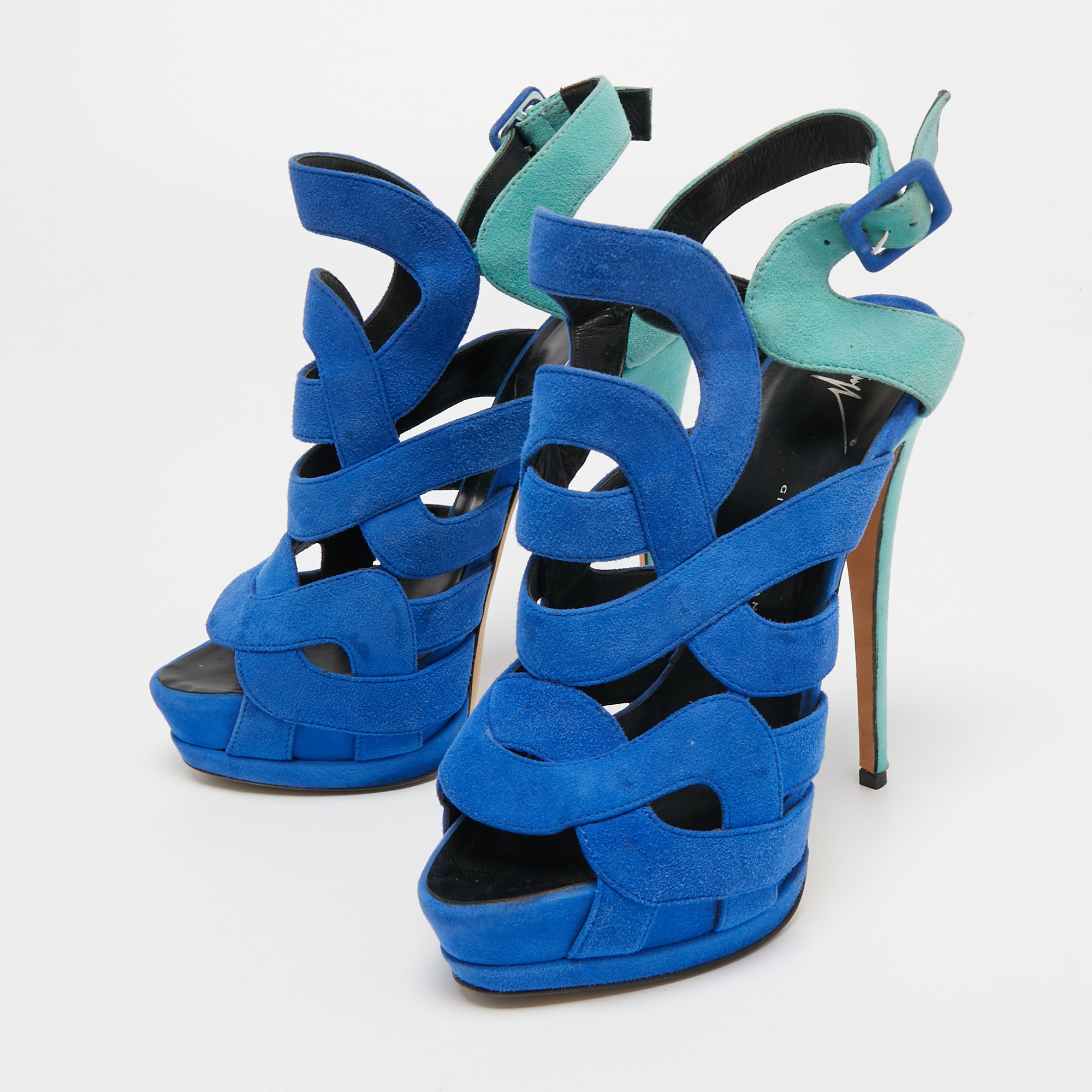 

Giuseppe Zanotti Two Tone Suede Cutout Ankle Strap Sandals Size, Blue