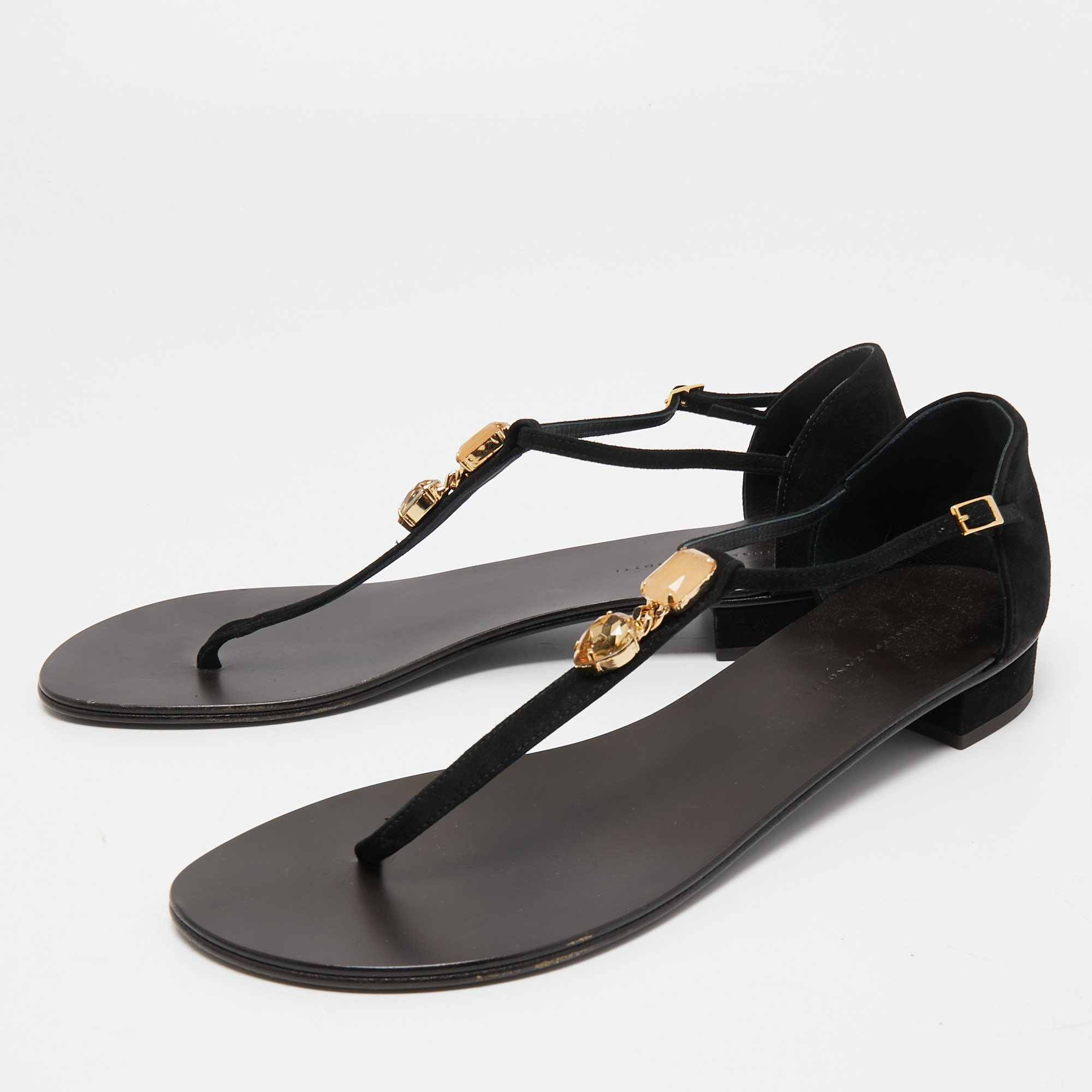 

Giuseppe Zanotti Black Suede Evie T-Strap Flat Sandals Size