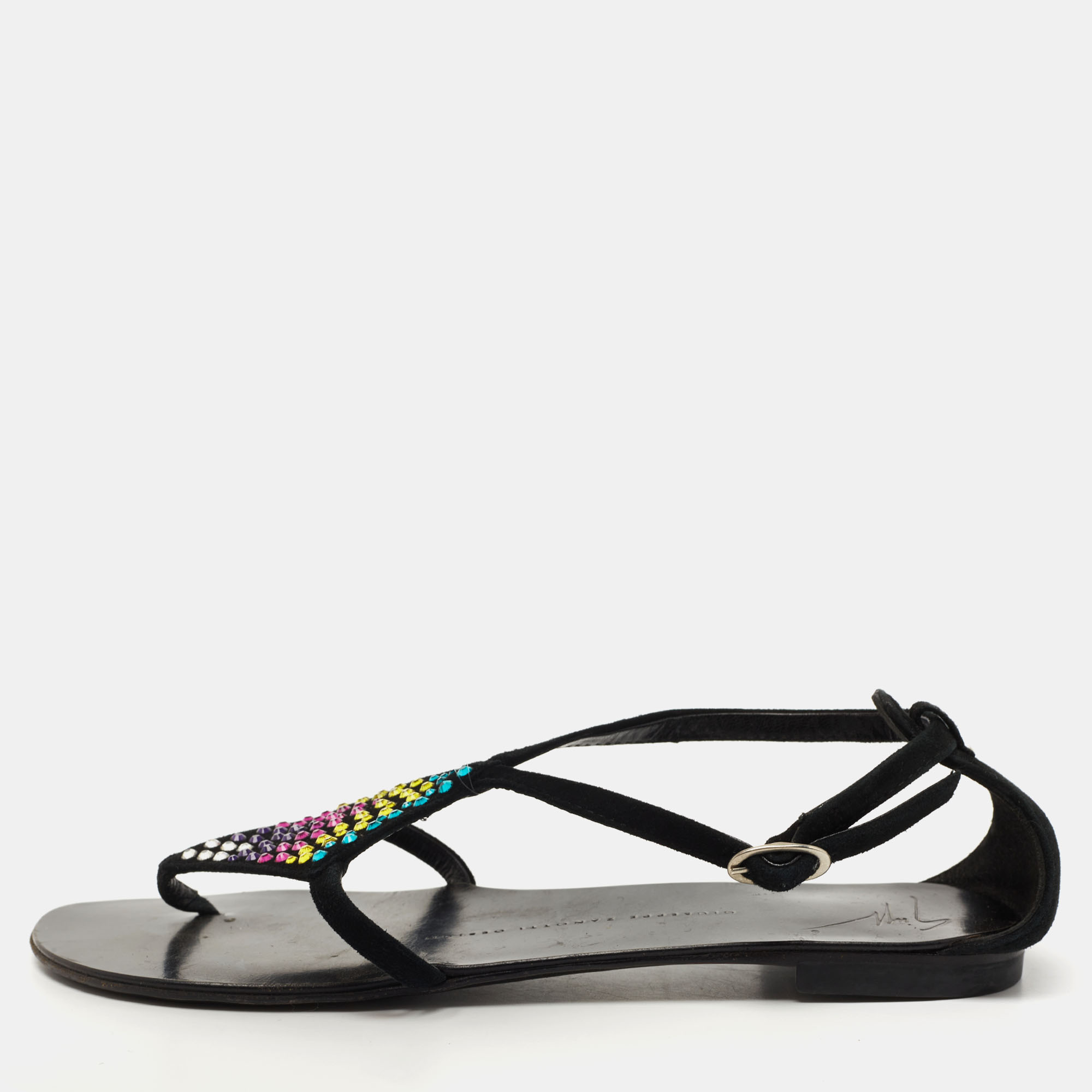 

Giuseppe Zanotti Black Suede Crystal Embellished Thong Flat Sandals Size