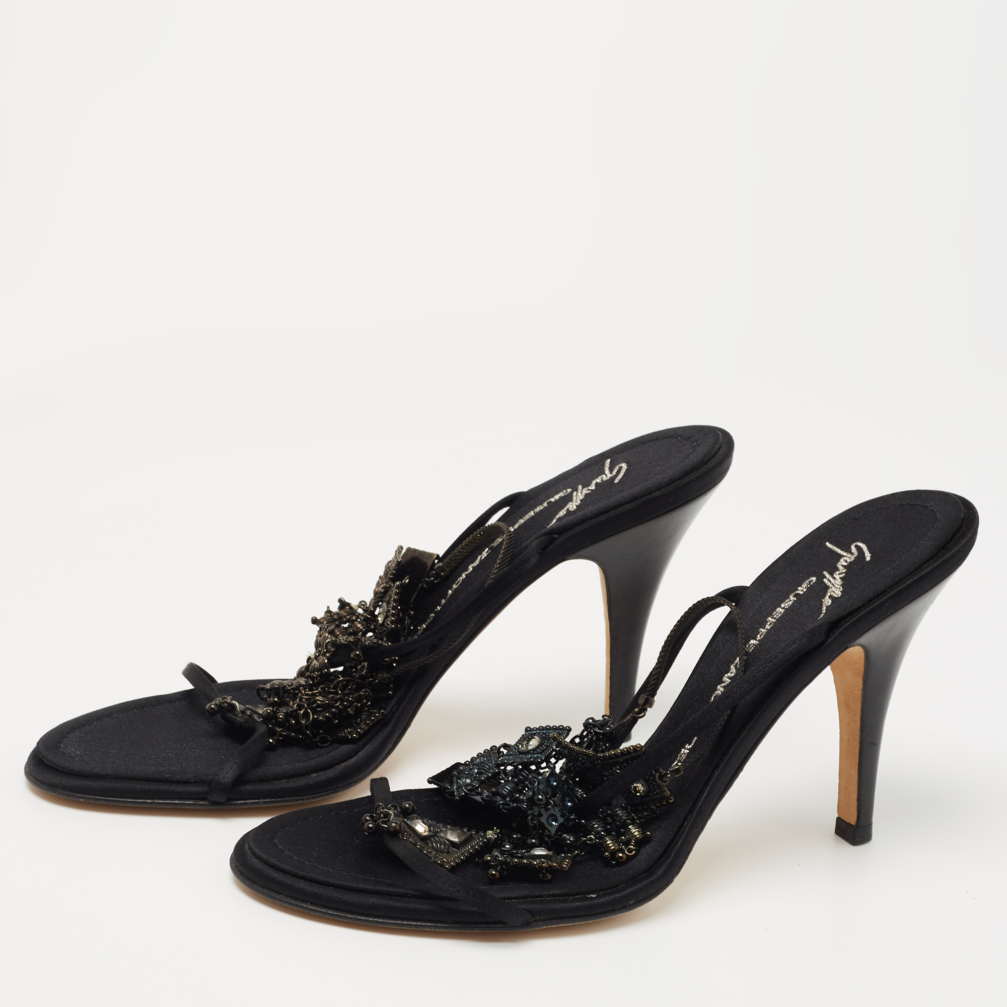

Giuseppe Zanotti Black Satin Embellished Ankle Strap Sandals Size