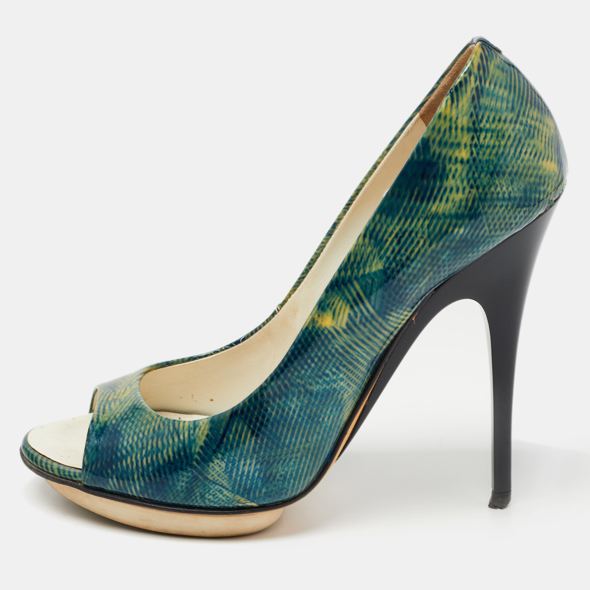Pre-owned Giuseppe Zanotti Green Printed Patent Leather Peep Toe Pumps Size 36