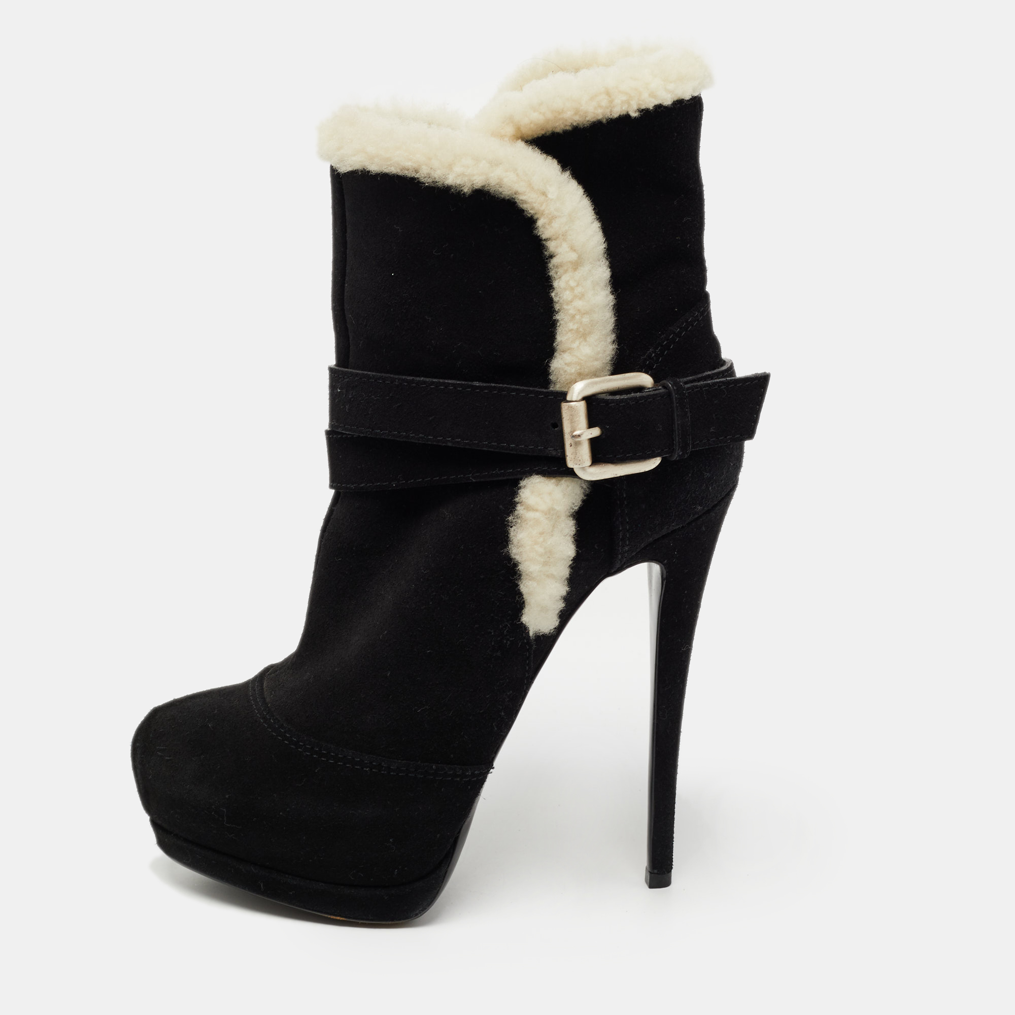 Pre-owned Giuseppe Zanotti Black Suede And Fur Ankle Boots Size 37