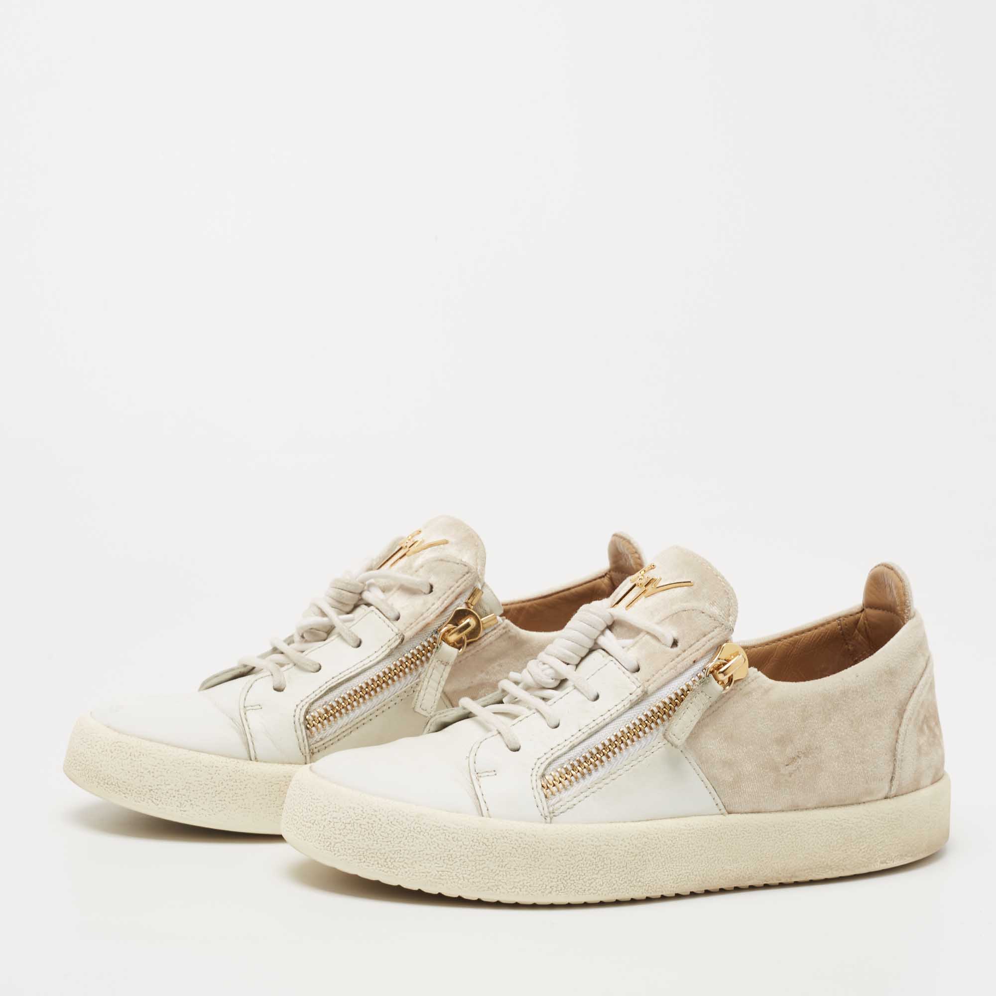 

Giuseppe Zanotti White/Beige Leather and Velvet Frankie Sneakers Size