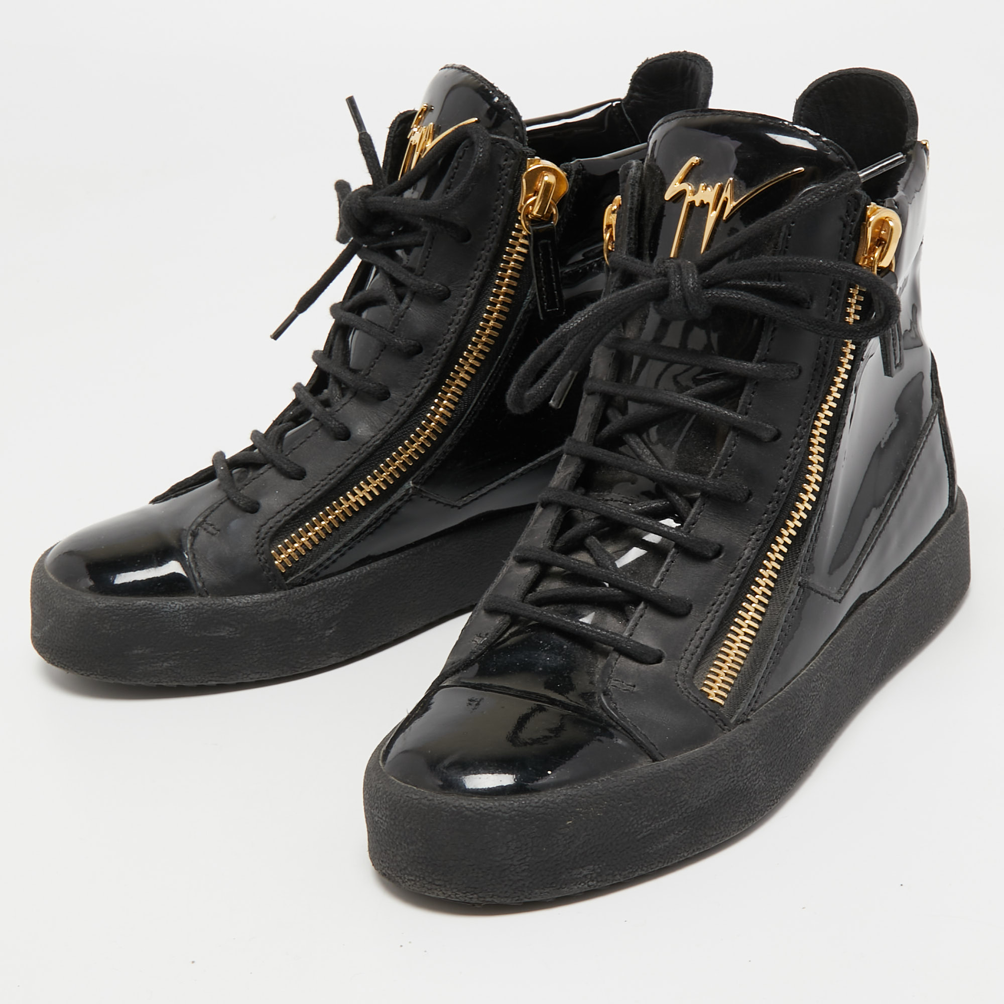 

Giuseppe Zanotti Black Patent and Leather Kriss High Top Sneakers Size