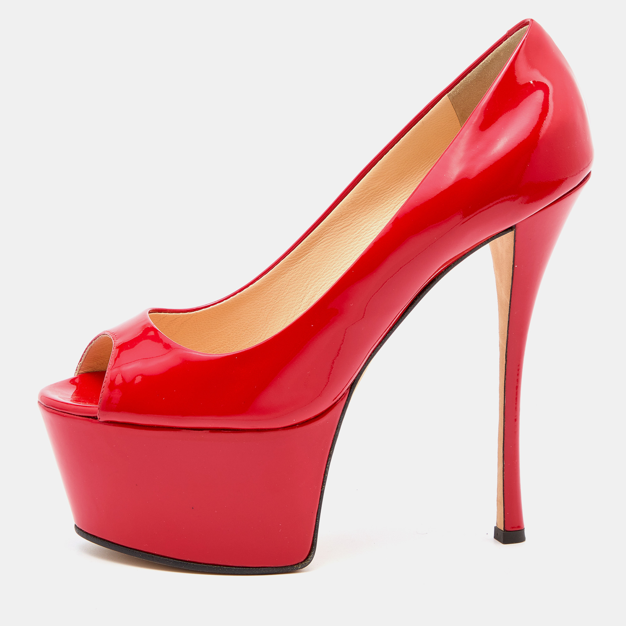 Pre-owned Giuseppe Zanotti Red Patent Leather Open Toe Platform Pumps Size 40