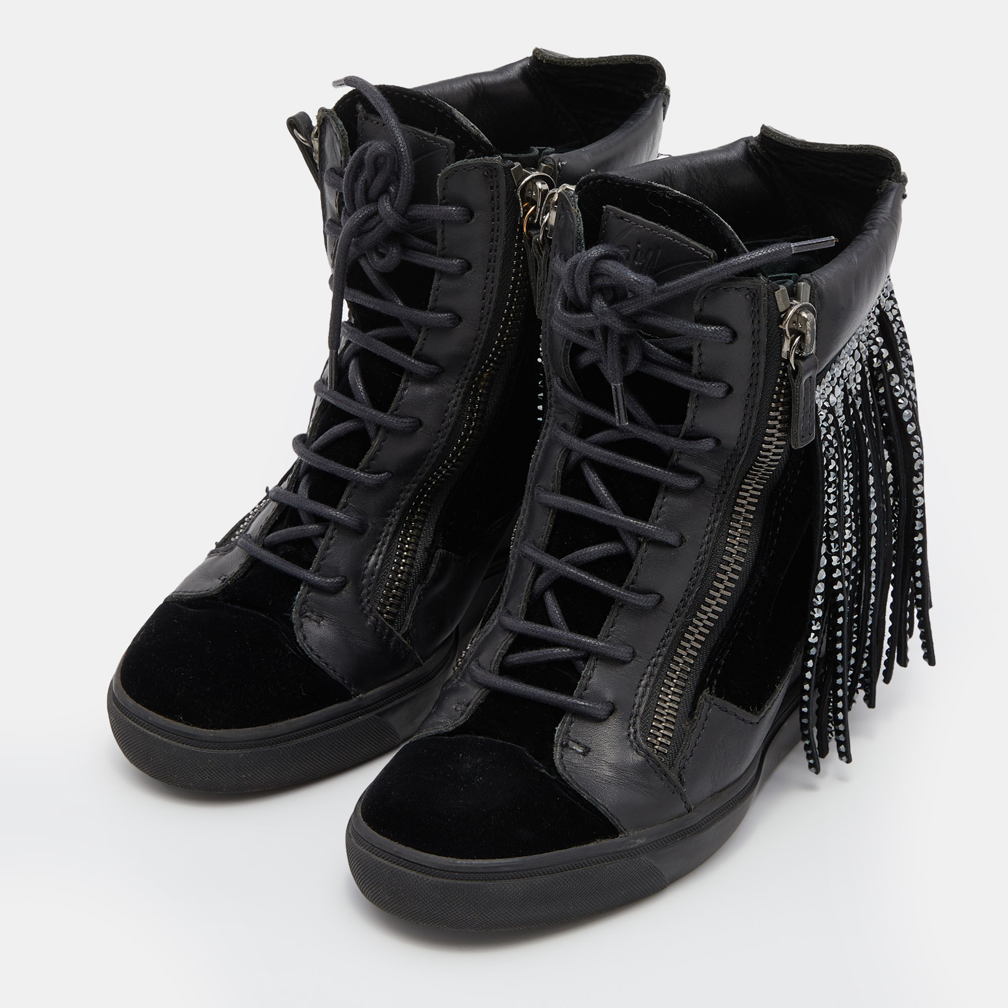 

Giuseppe Zanotti Black Leather and Velvet Fringe Crystal Embellished High Top Sneakers Size