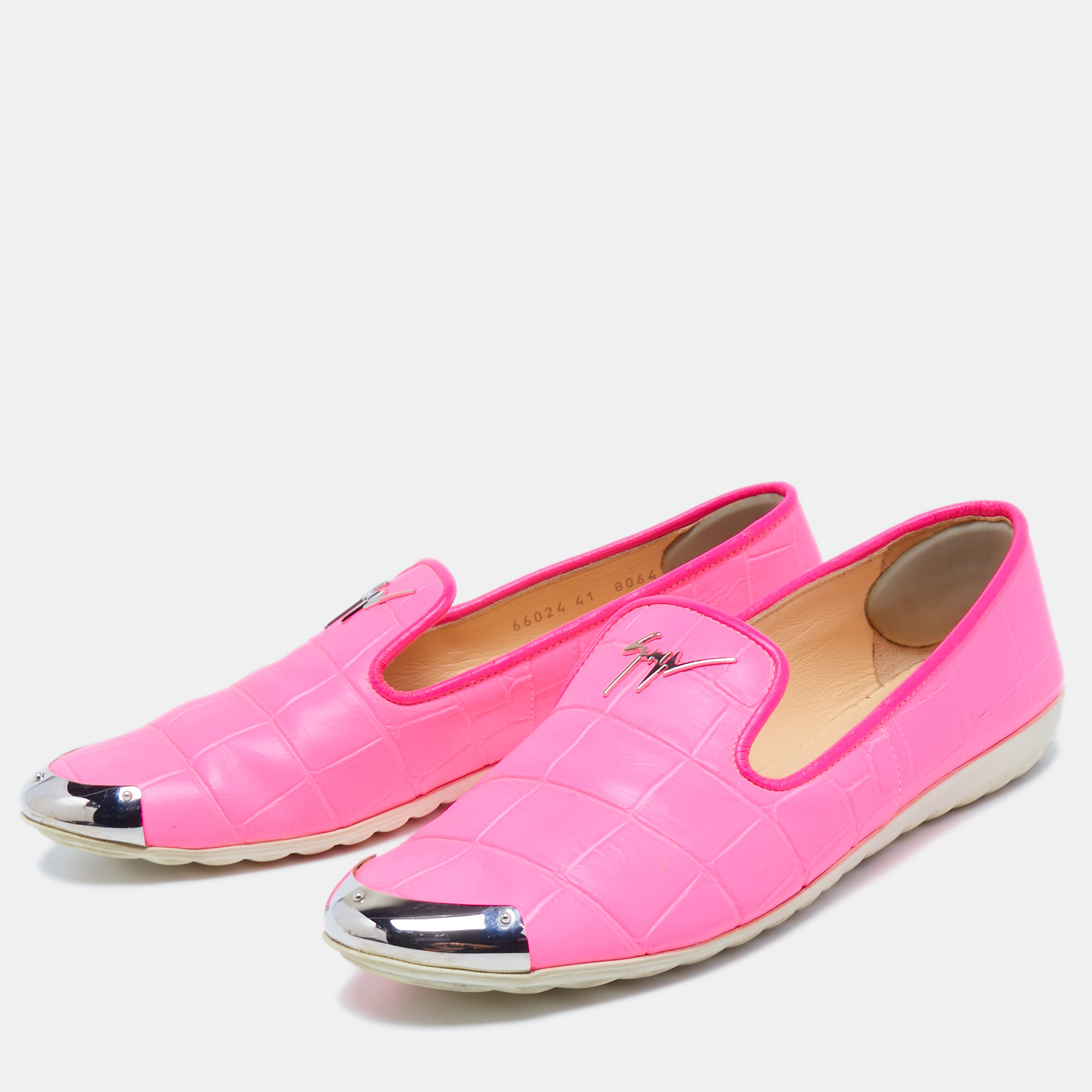 

Giuseppe Zanotti Pink Croc Embossed Leather Smoking Slippers Size