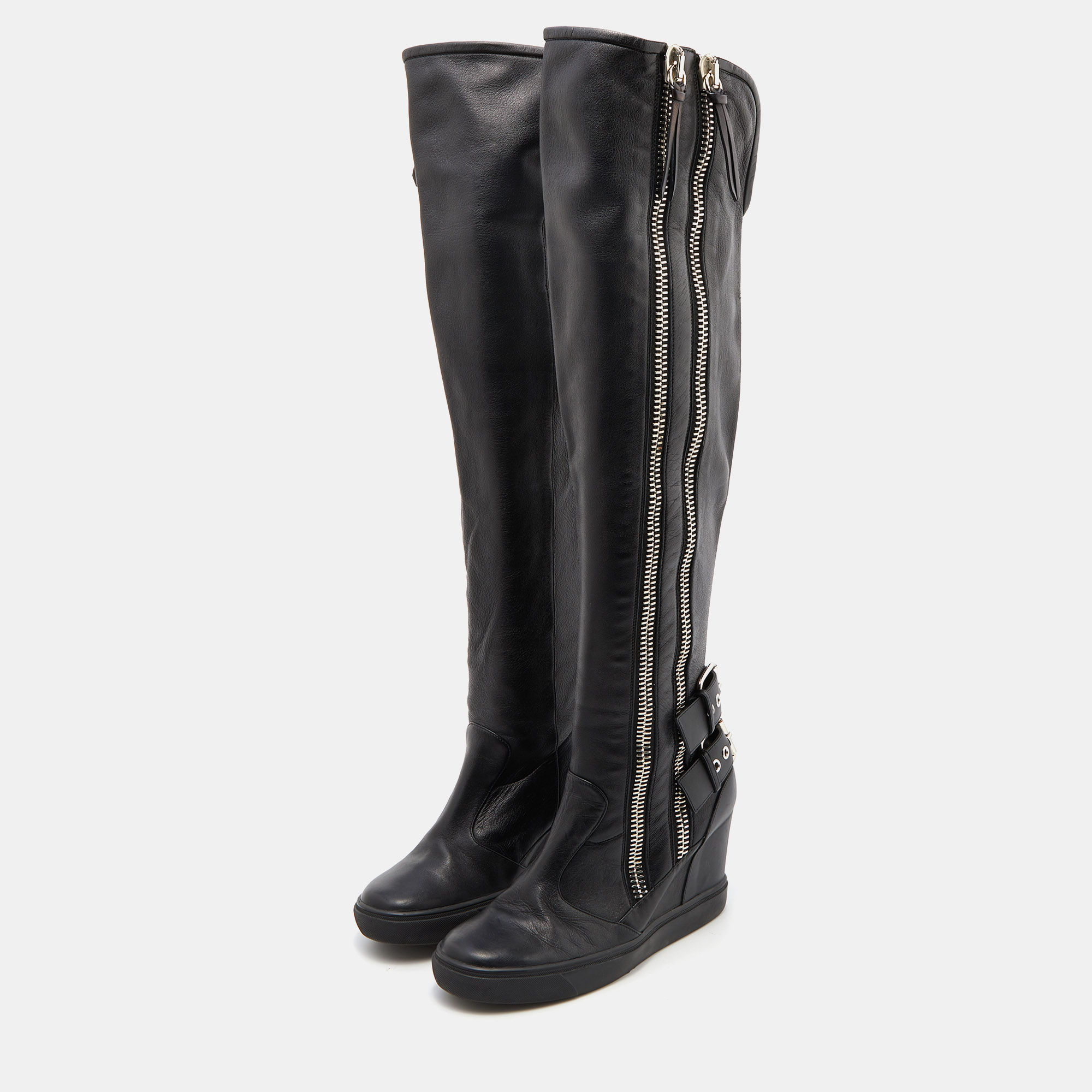 

Giuseppe Zanotti Black Leather Zipper Cobain Wedge Knee Length Boots Size