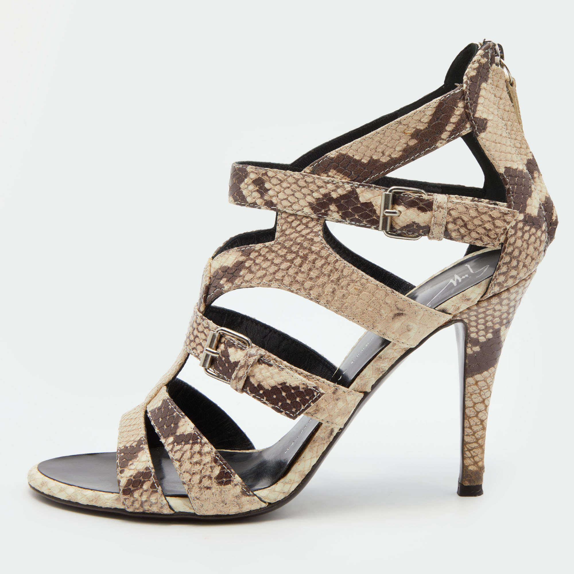 Pre-owned Giuseppe Zanotti Off White/brown Python Embossed Leather Strappy Sandals Size 38