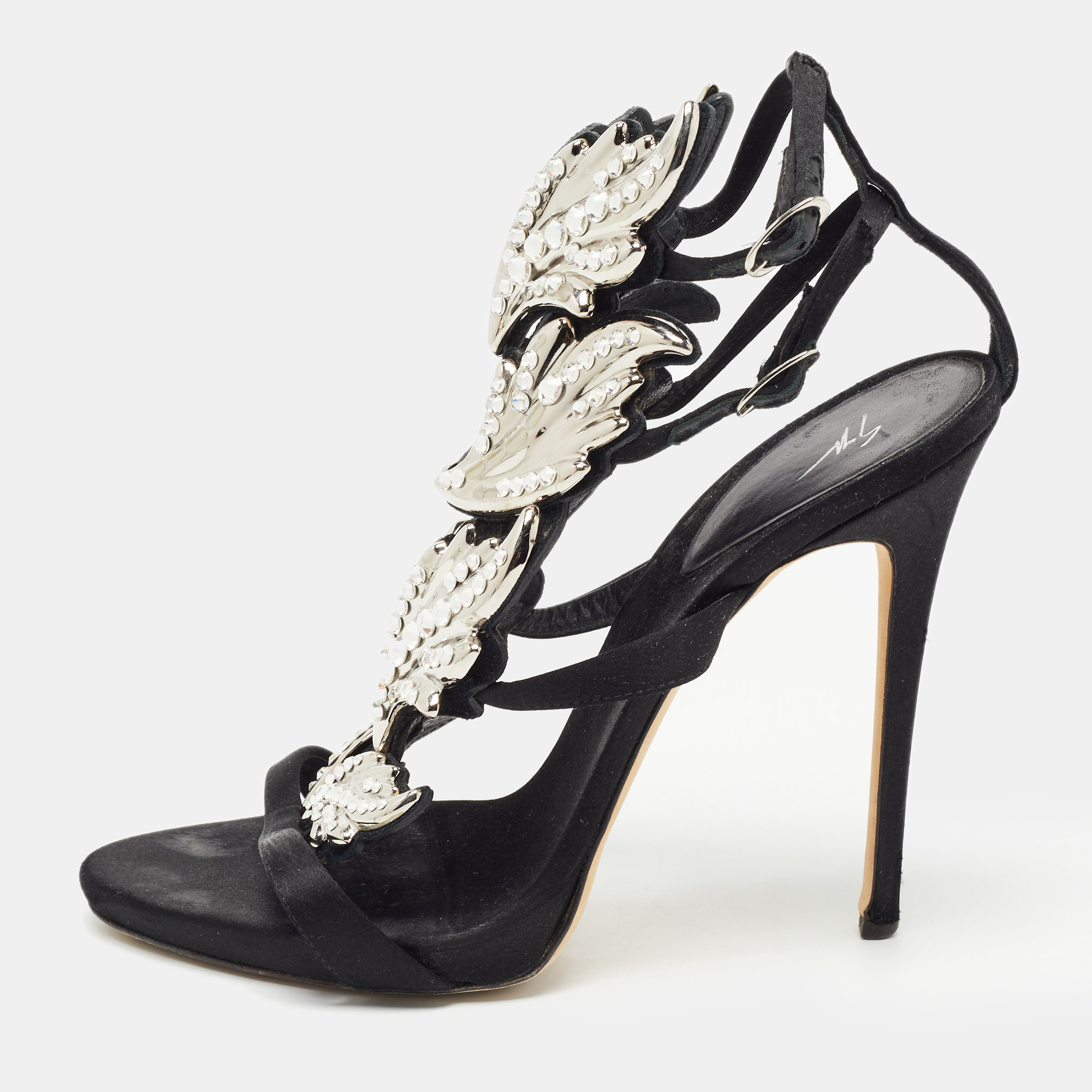Pre-owned Giuseppe Zanotti Black Satin Wing Jeweled Sandals Size 40
