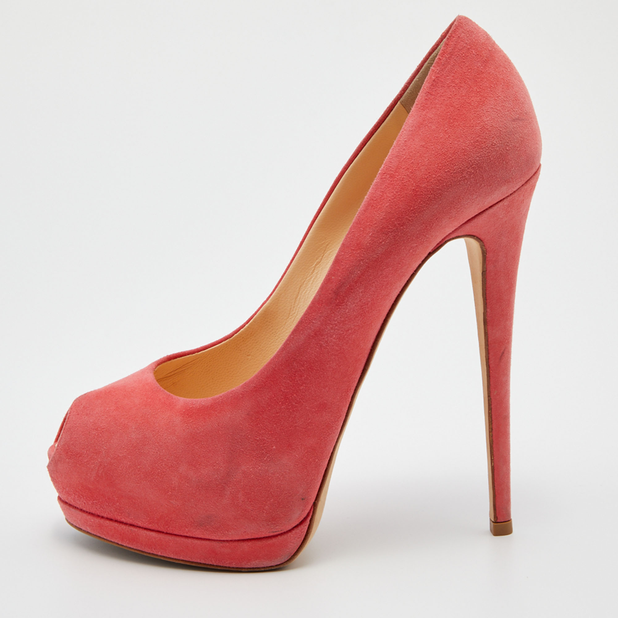 Pre-owned Giuseppe Zanotti Coral Pink Suede Sharon Peep Toe Platform Pumps Size 39