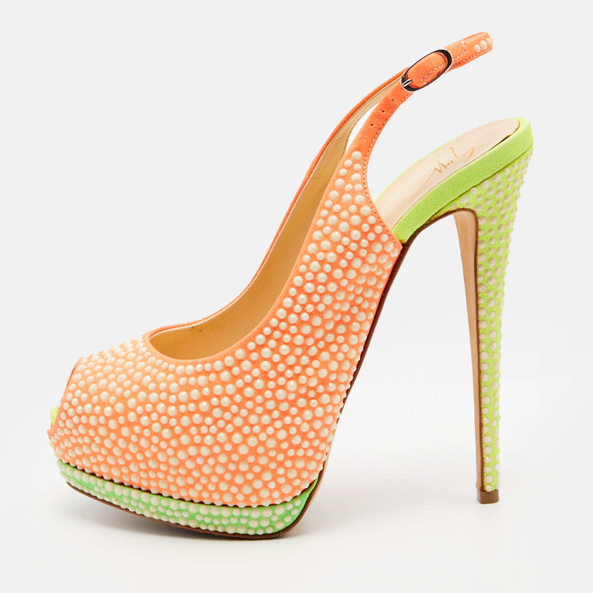 

Giuseppe Zanotti Orange Suede Crystal Embellished Peep Toe Platform Slingback Pumps Size