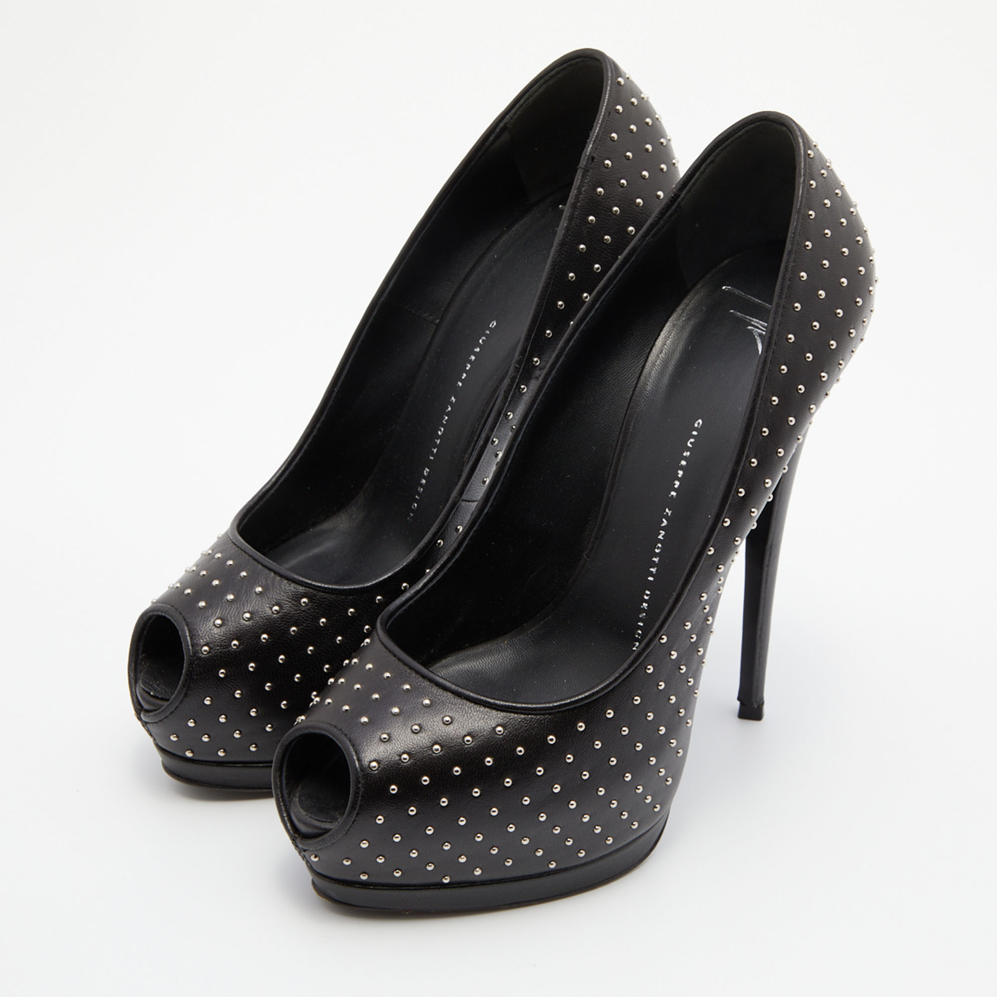 

Giuseppe Zanotti Black Leather Studded Peep Toe Platform Pumps Size