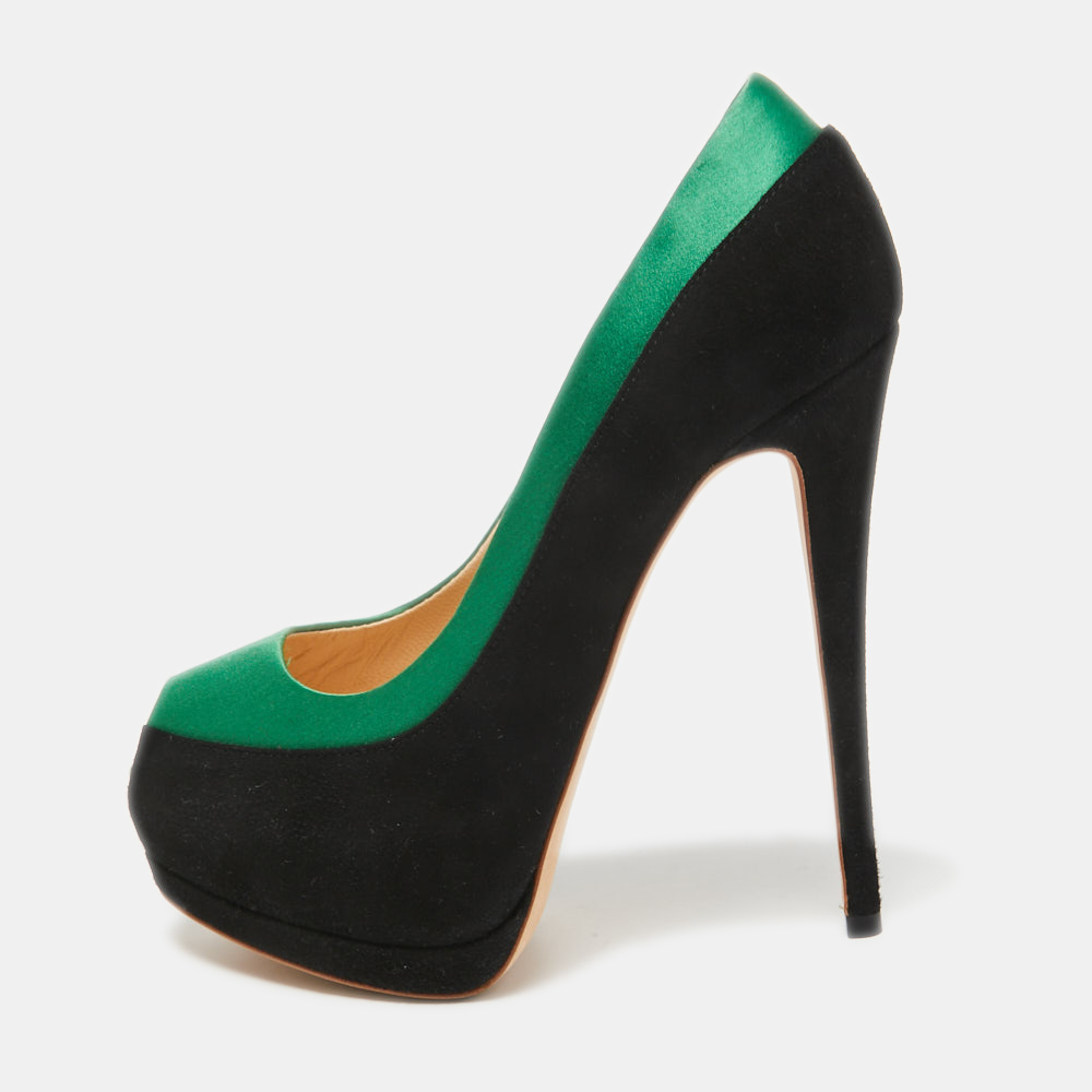 Pre-owned Giuseppe Zanotti Black/green Suede And Satin Peep Toe Platform Pumps Size 37