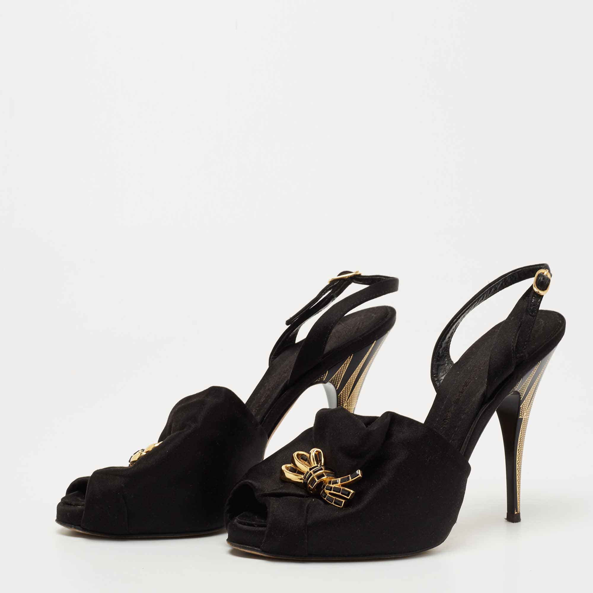 

Giuseppe Zanotti Black Satin Bow Crystal Embellished Slingback Sandals Size