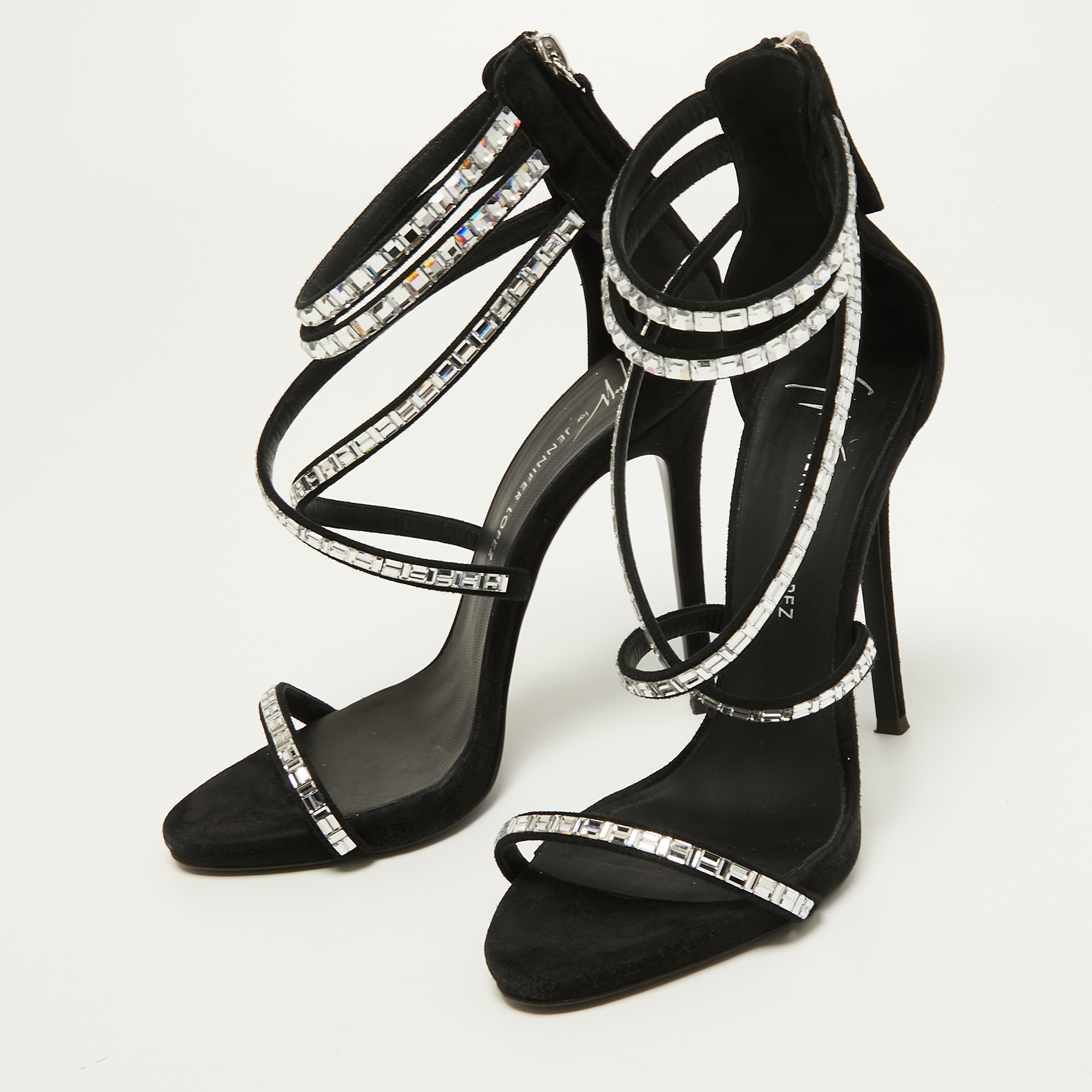 

Giuseppe Zanotti Black Suede Crystal Embellished Ankle Strap Sandals Size