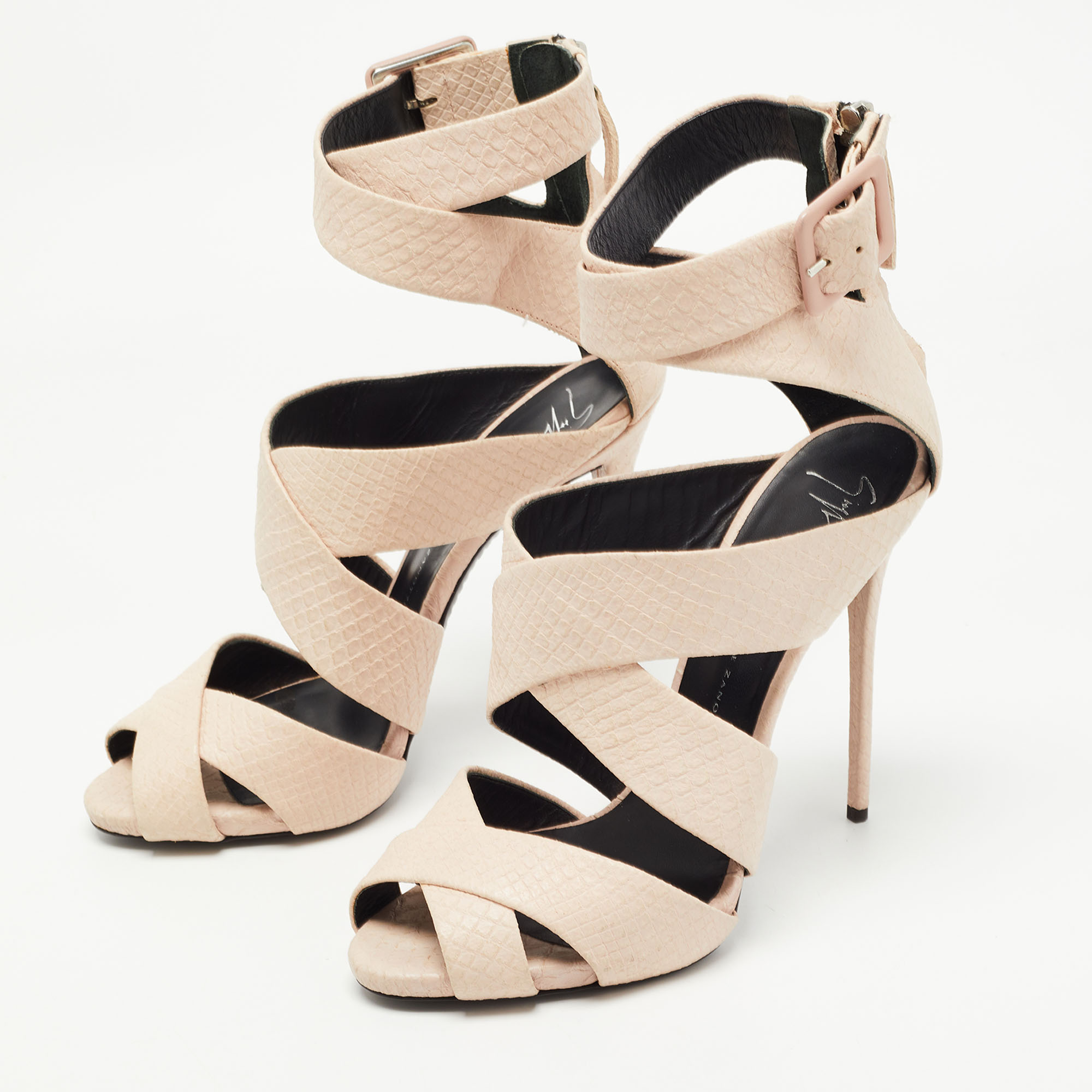 

Giuseppe Zanotti Light Pink Snake Embossed Leather Cage Sandals Size