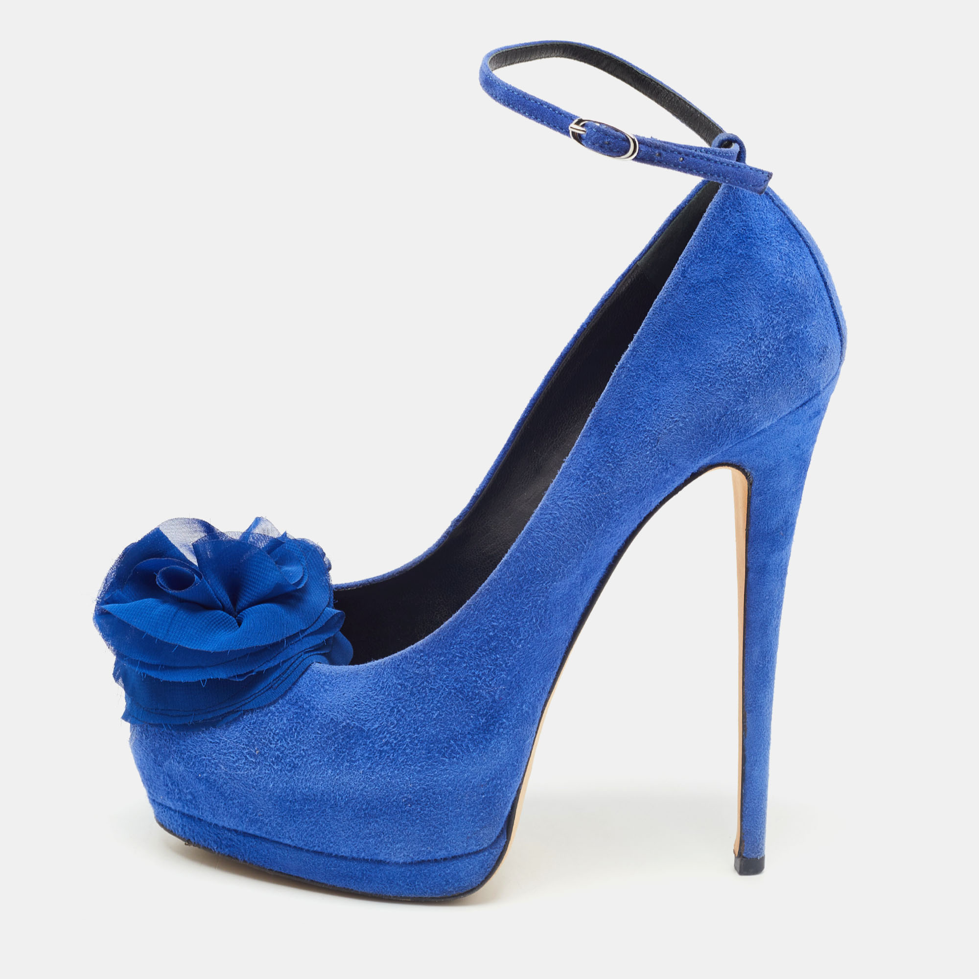 

Giuseppe Zanotti Blue Suede Flower Applique Peep Toe Platform Ankle Strap Pumps Size