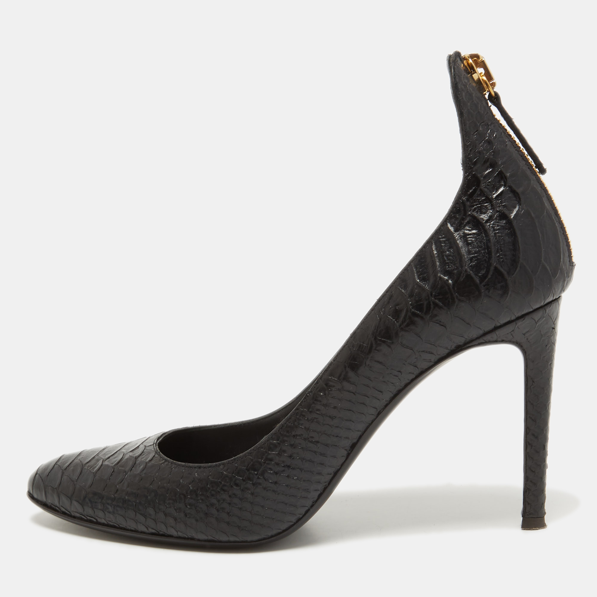 

Giuseppe Zanotti Black Python Embossed Leather Zip Embellished Pumps Size