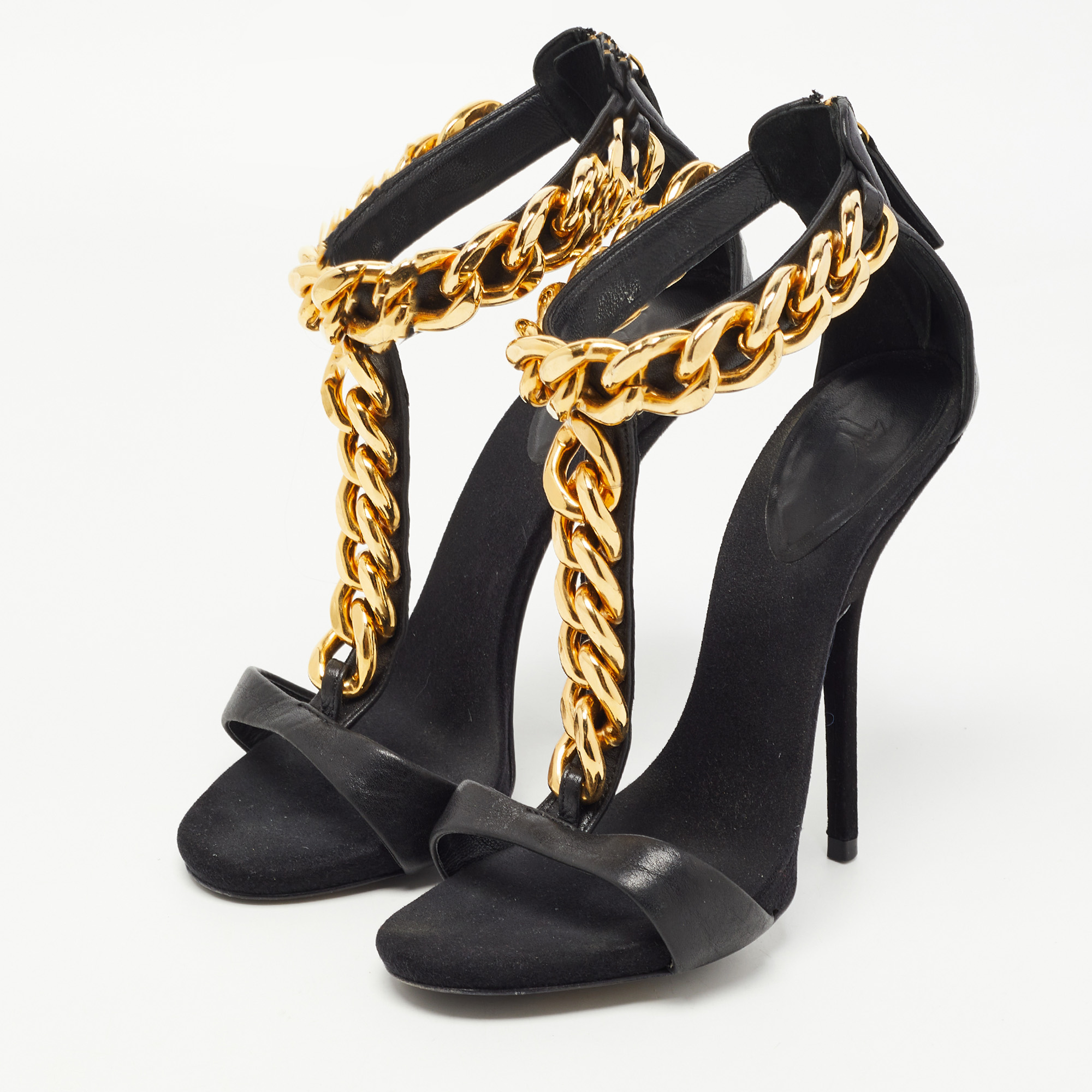 

Giuseppe Zanotti Black Leather and Suede Chain T Strap Sandals Size