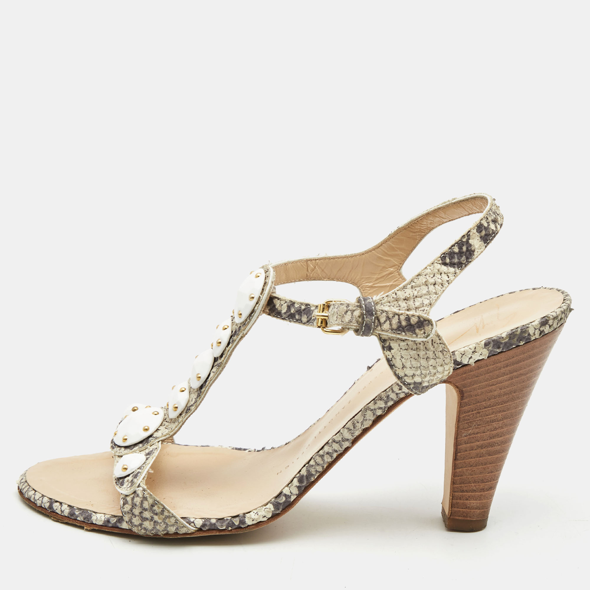 Pre-owned Giuseppe Zanotti Beige/grey Python Embossed Ankle Strap Sandals Size 38.5 In White