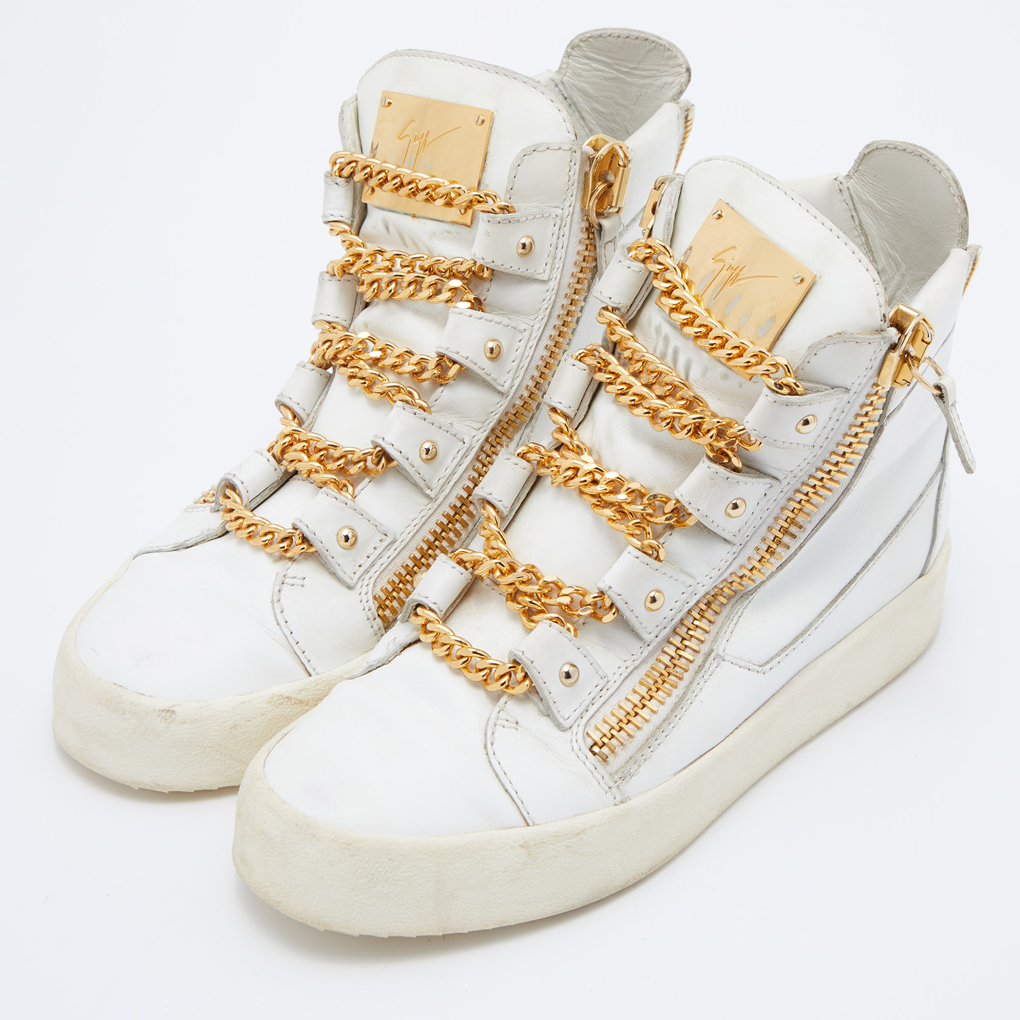 

Giuseppe Zanotti White/Gold Leather Royce Chain High Top Sneakers Size