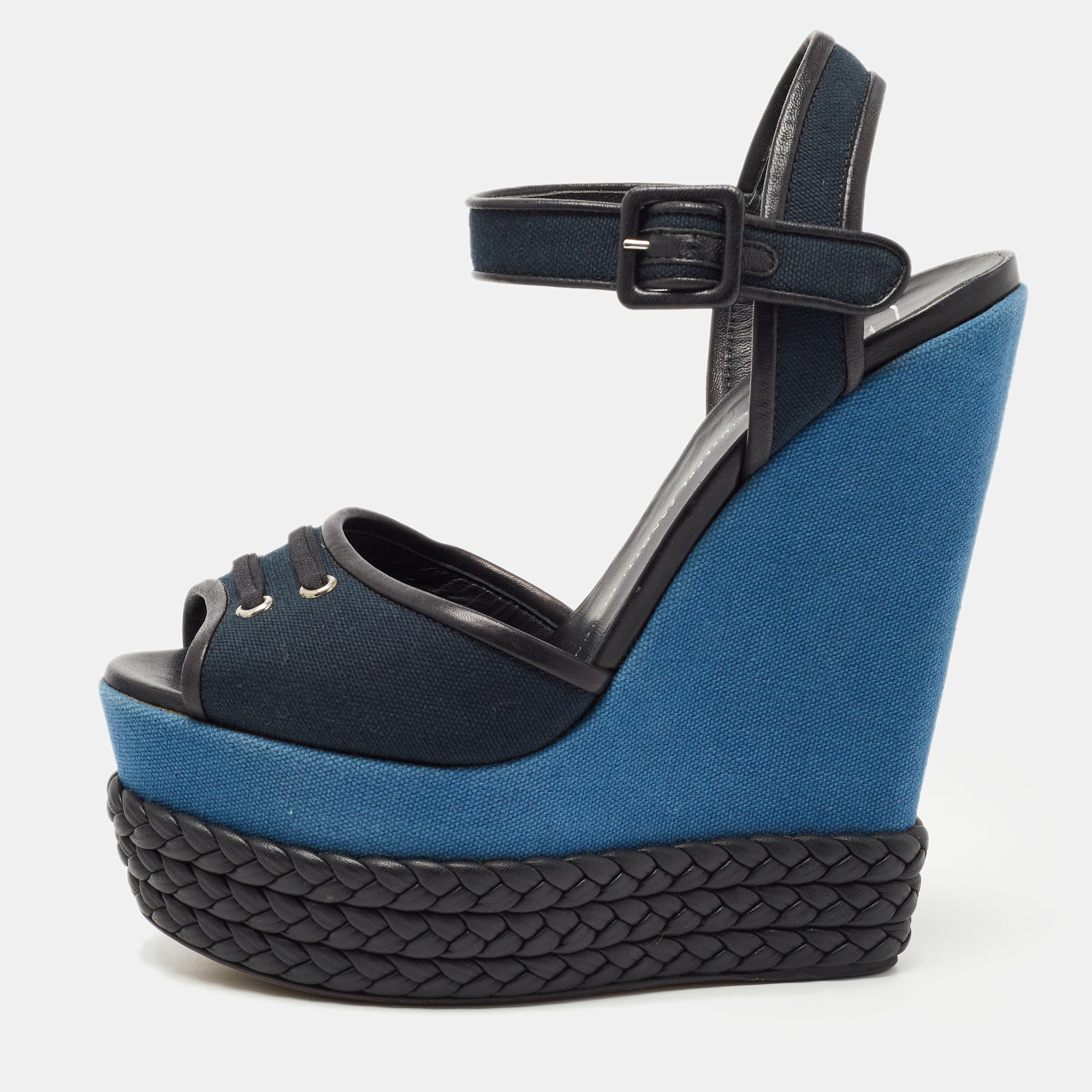 Pre-owned Giuseppe Zanotti Navy Blue/black Canvas And Leather Ankle Strap Wedge Sandals Size 40
