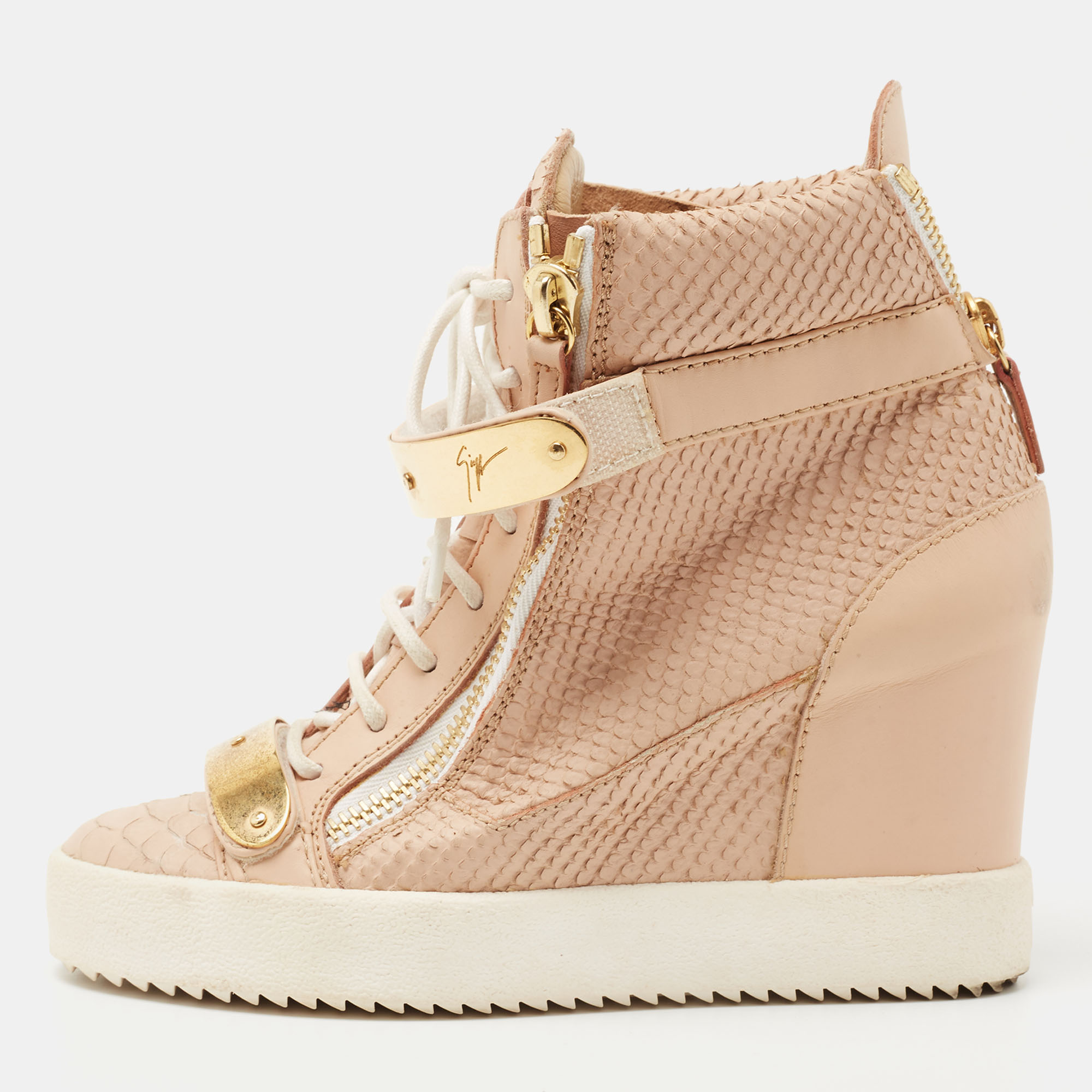 Pre-owned Giuseppe Zanotti Peach Pink Python Embossed Leather Coby Wedge Sneakers Size 38
