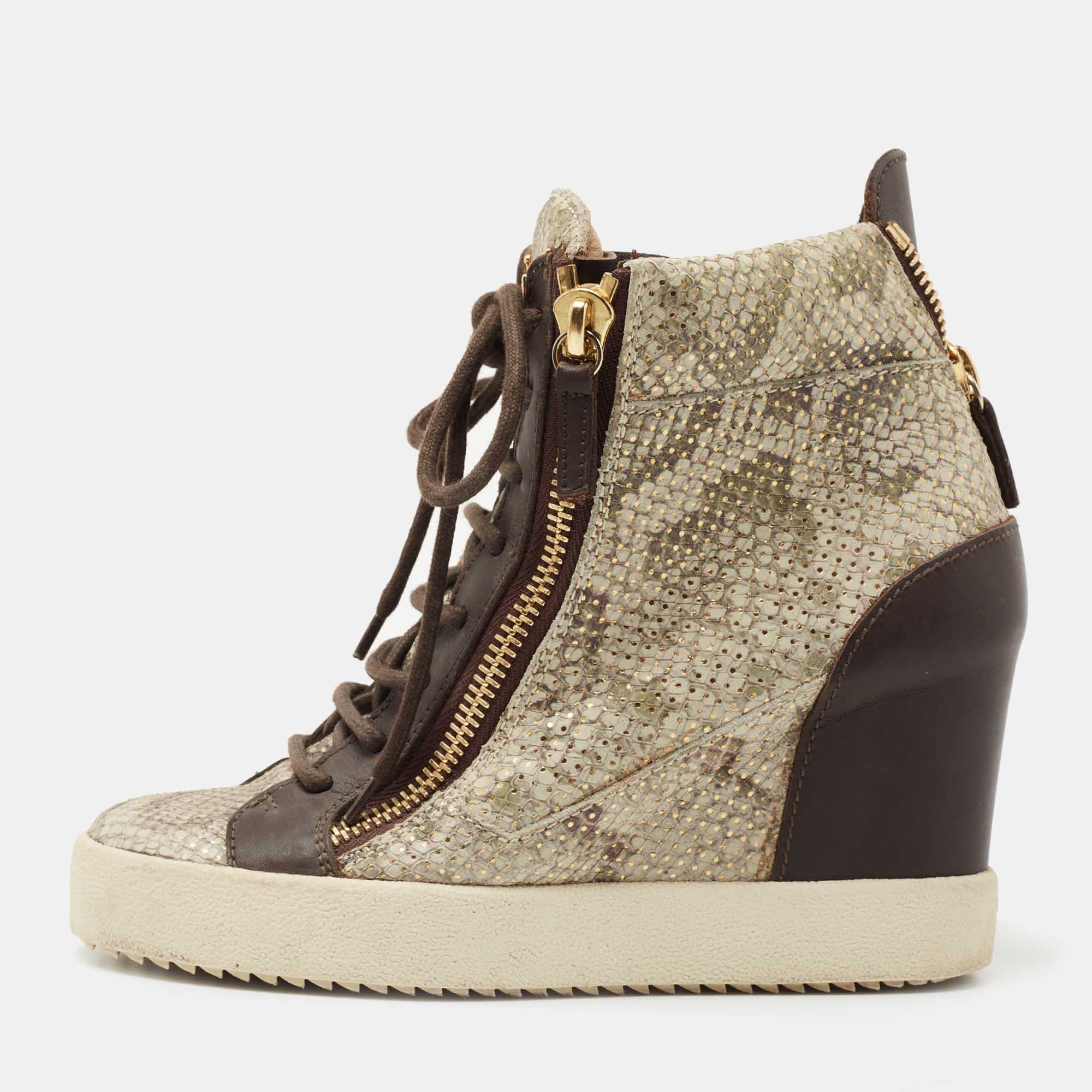 Pre-owned Giuseppe Zanotti Beige/brown Embossed Python And Leather High Top Wedge Trainers Size 38