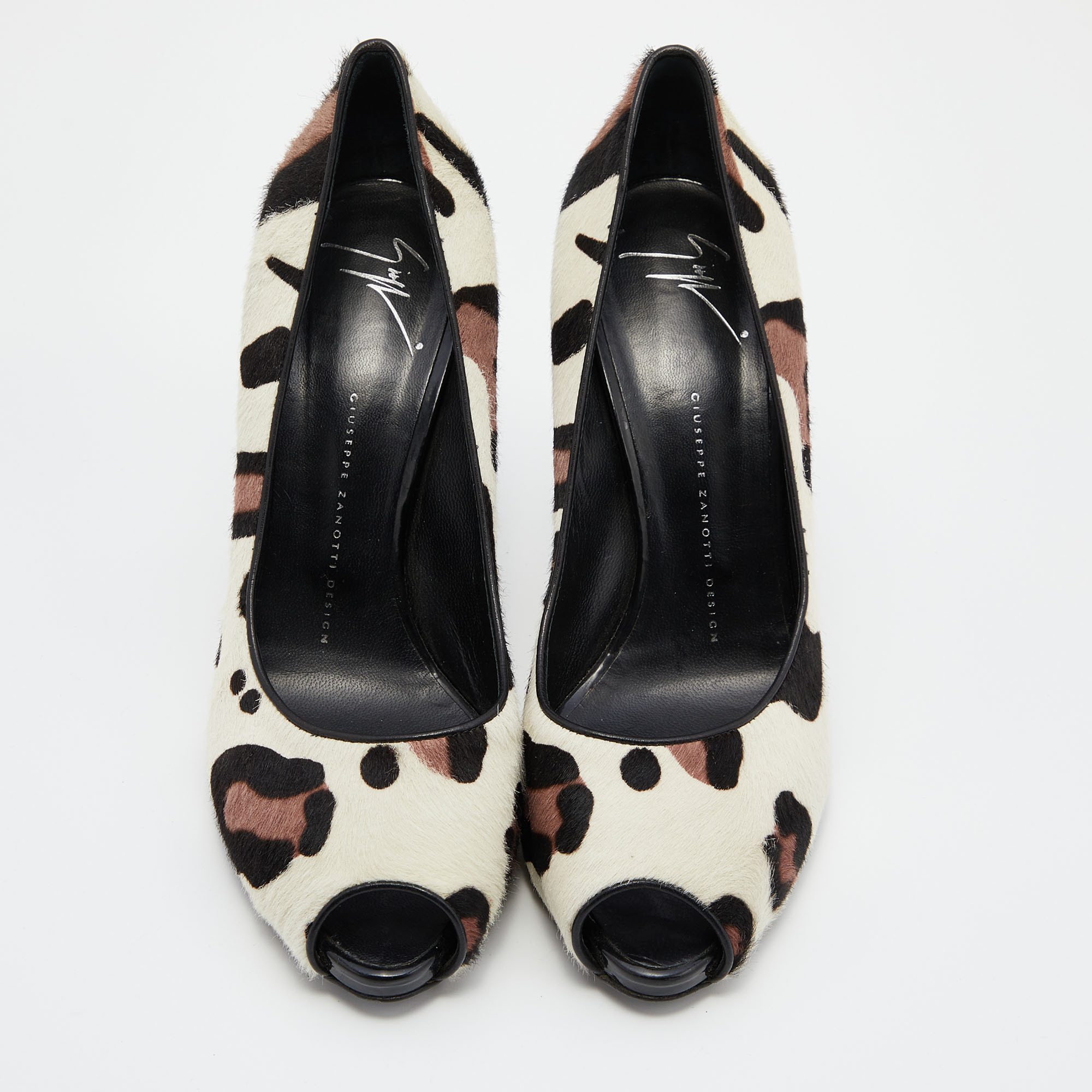 Giuseppe Zanotti Tri Color Leopard Print Calf Hair Peep Toe Pumps Size 40 