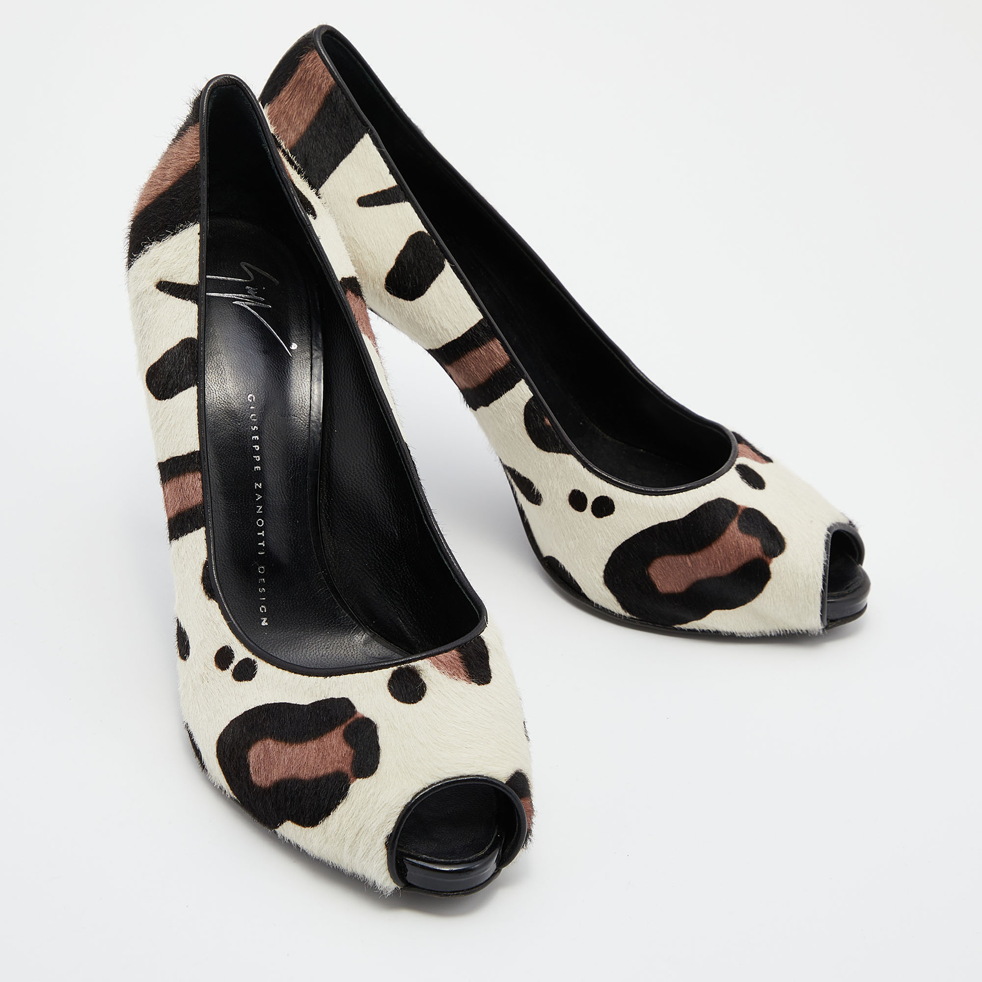 Giuseppe Zanotti Tri Color Leopard Print Calf Hair Peep Toe Pumps Size 40 