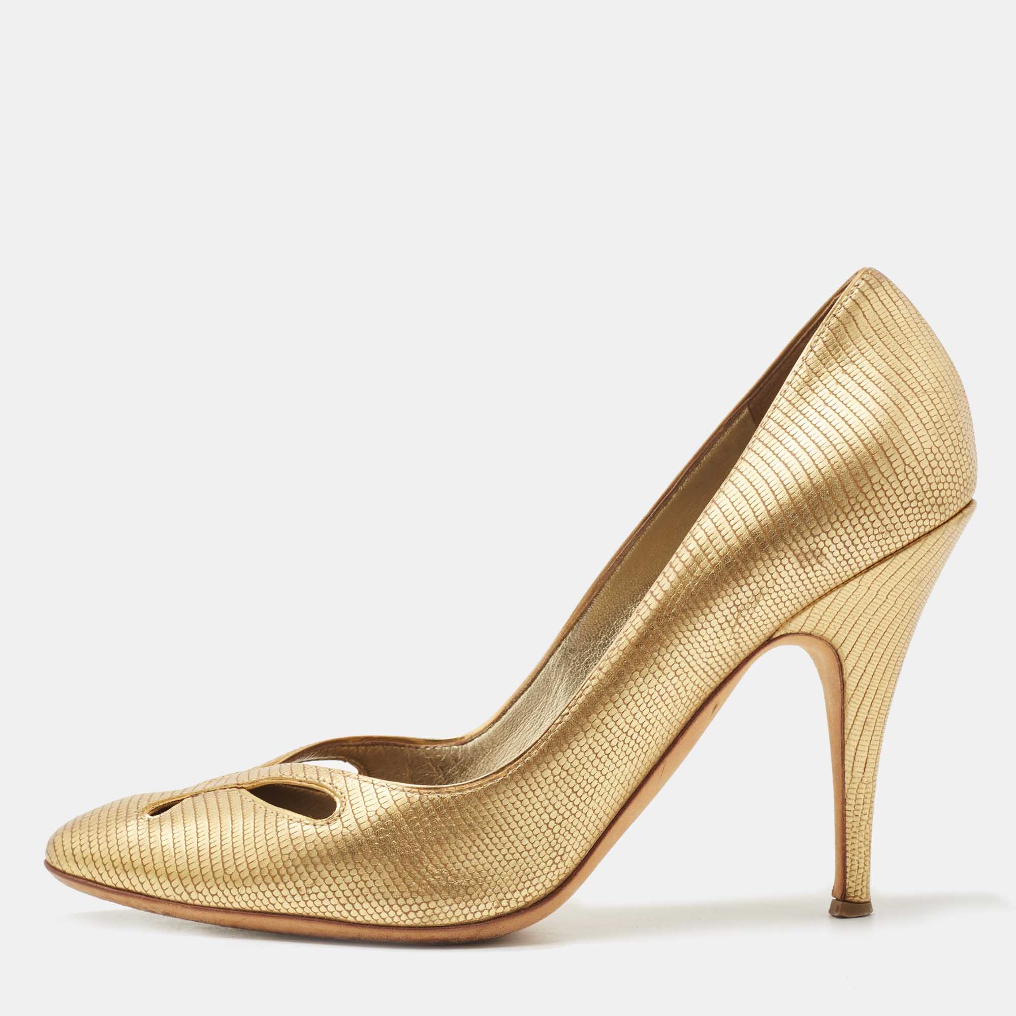 Pre-owned Giuseppe Zanotti Gold Lizard Embossed Leather Cut Out Pumps Size 37.5