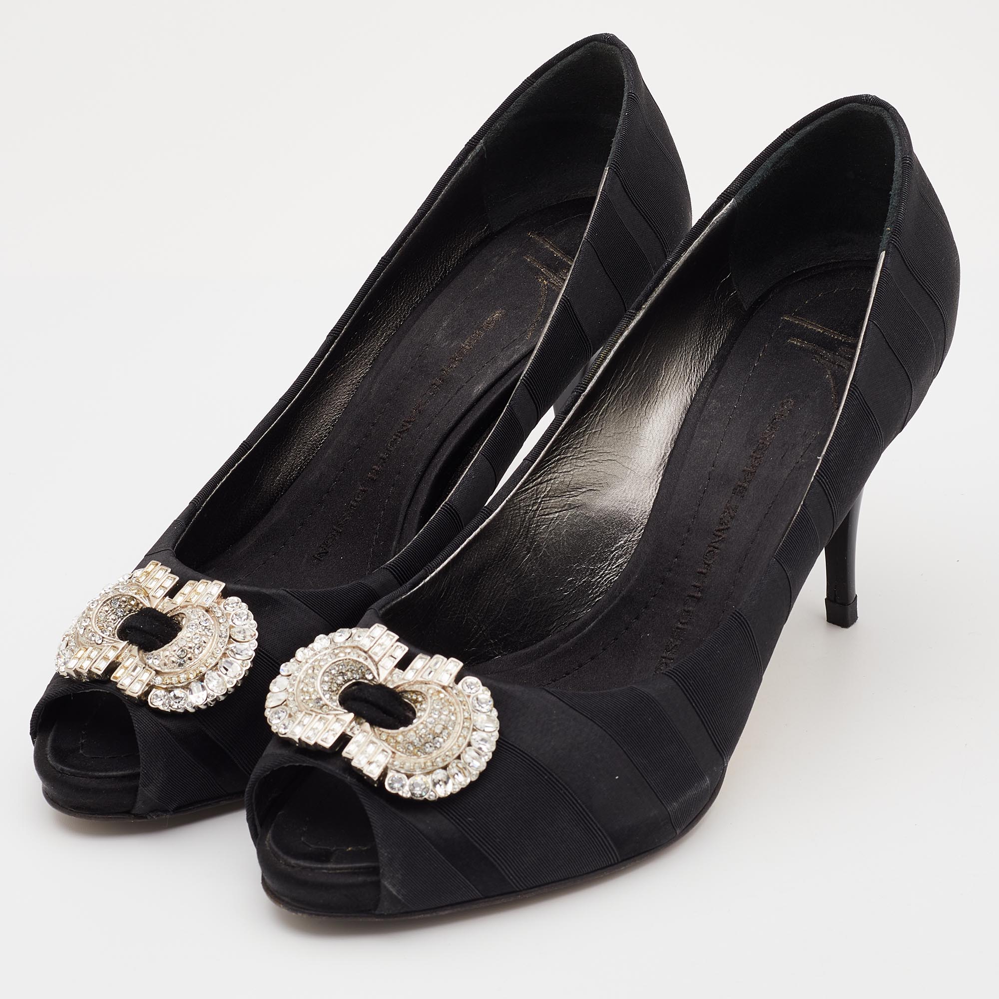 

Giuseppe Zanotti Black Canvas Crystal Embellished Peep Toe Platform Pumps Size